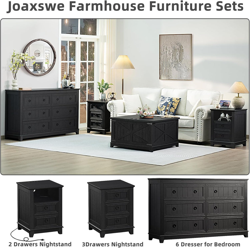 Joaxswe Farmhouse Dresser and Nightstand Sets 3 Piece, Nightstands Set of 2 and 6 Drawers Dresser for Bedroom, 54' Wide Dresser and 18' Inch Night Stand Set for Bedroom, Living Room, Hallway