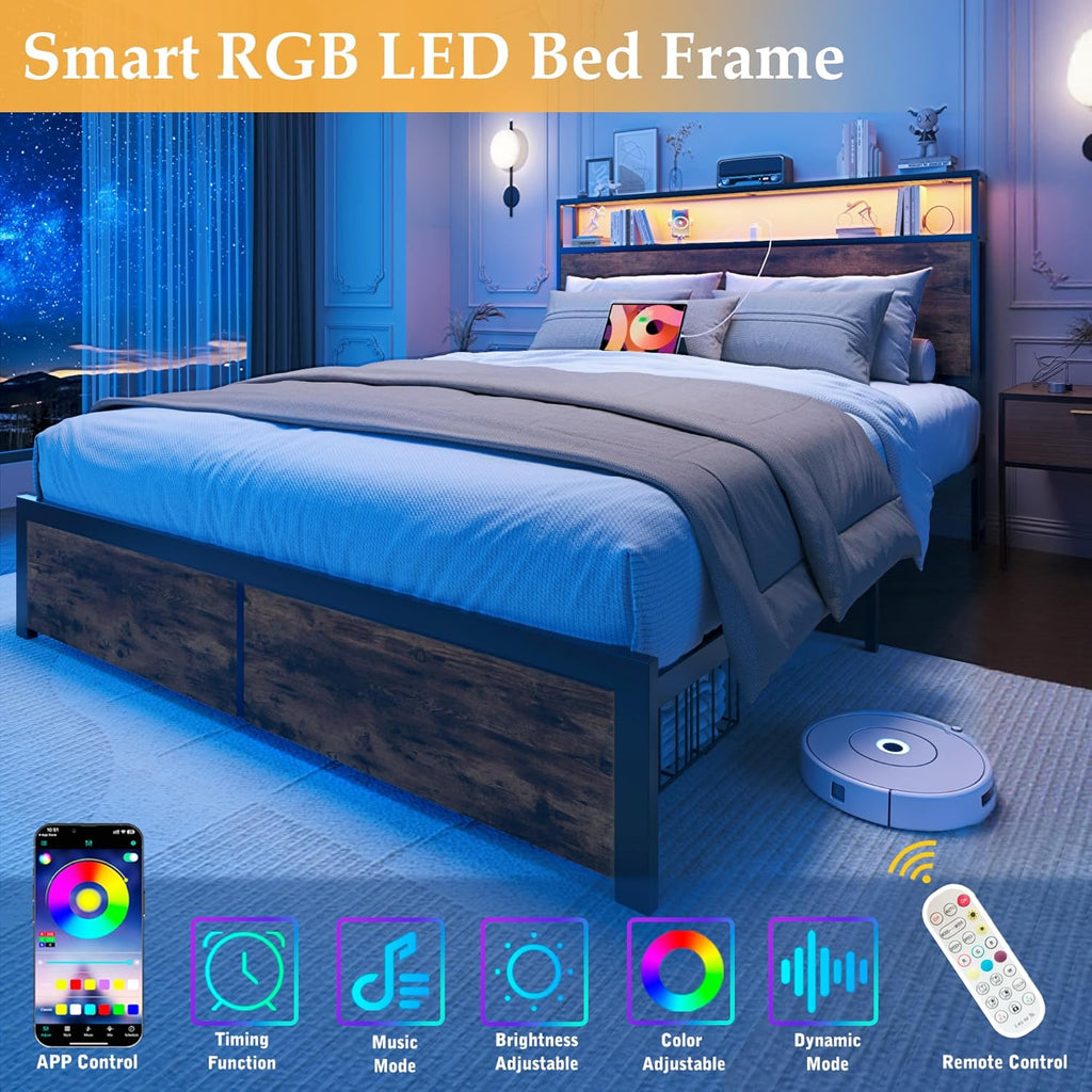 Lifezone Full Bed Frame with 2-Tier Storage Headboard, Metal Bed Frame with Storage Drawers & Built-in Charging Station & LED, Noise-Free, No Box Spring Needed, Easy Assembly, Rustic Brown