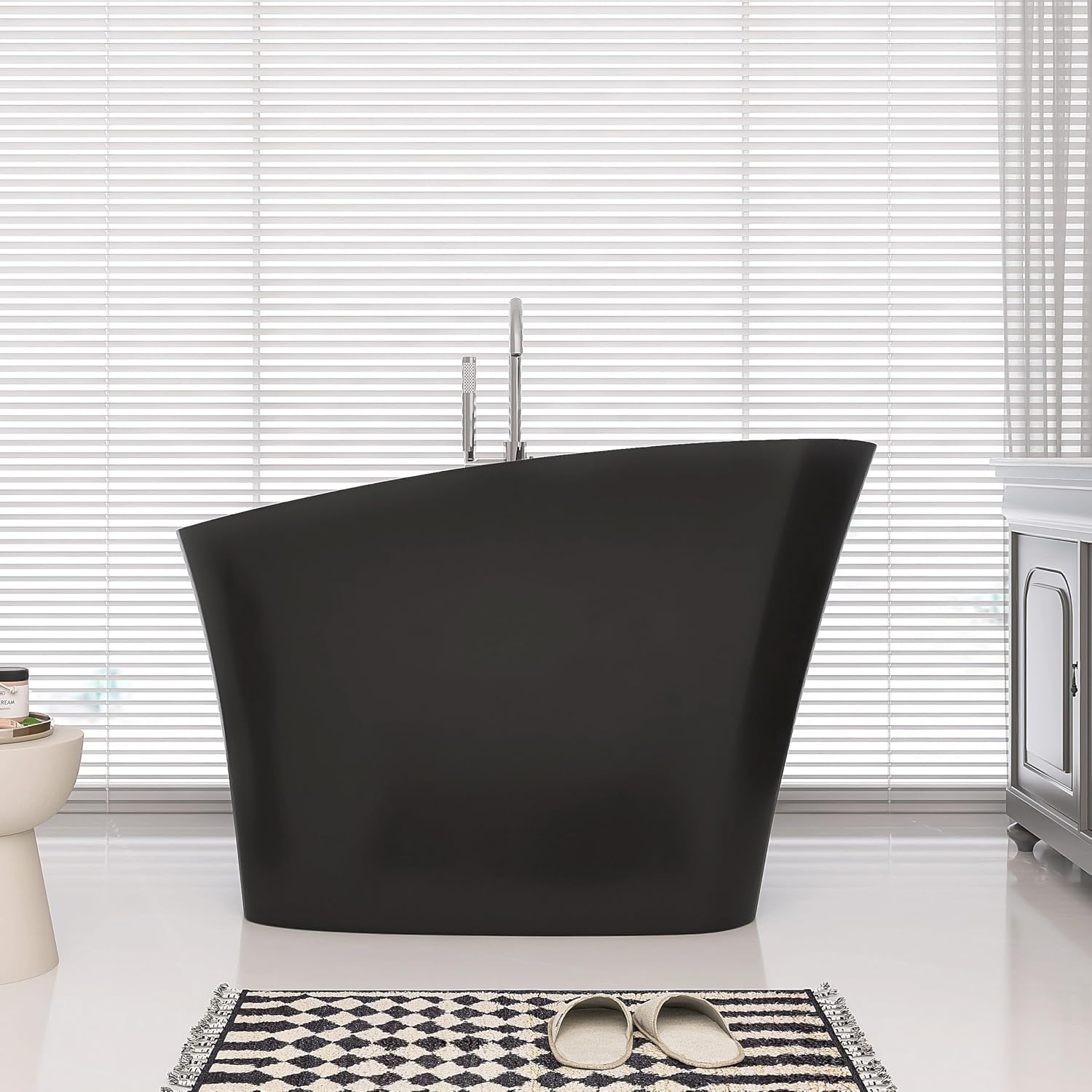 SJ STAR&JANE 51' Solid Surface Japanese Soaking Bathtub Stone Resin Freestanding Tub Deep Soaking Bathtub Sit-In Design with Overflow and Drain in Matte Black