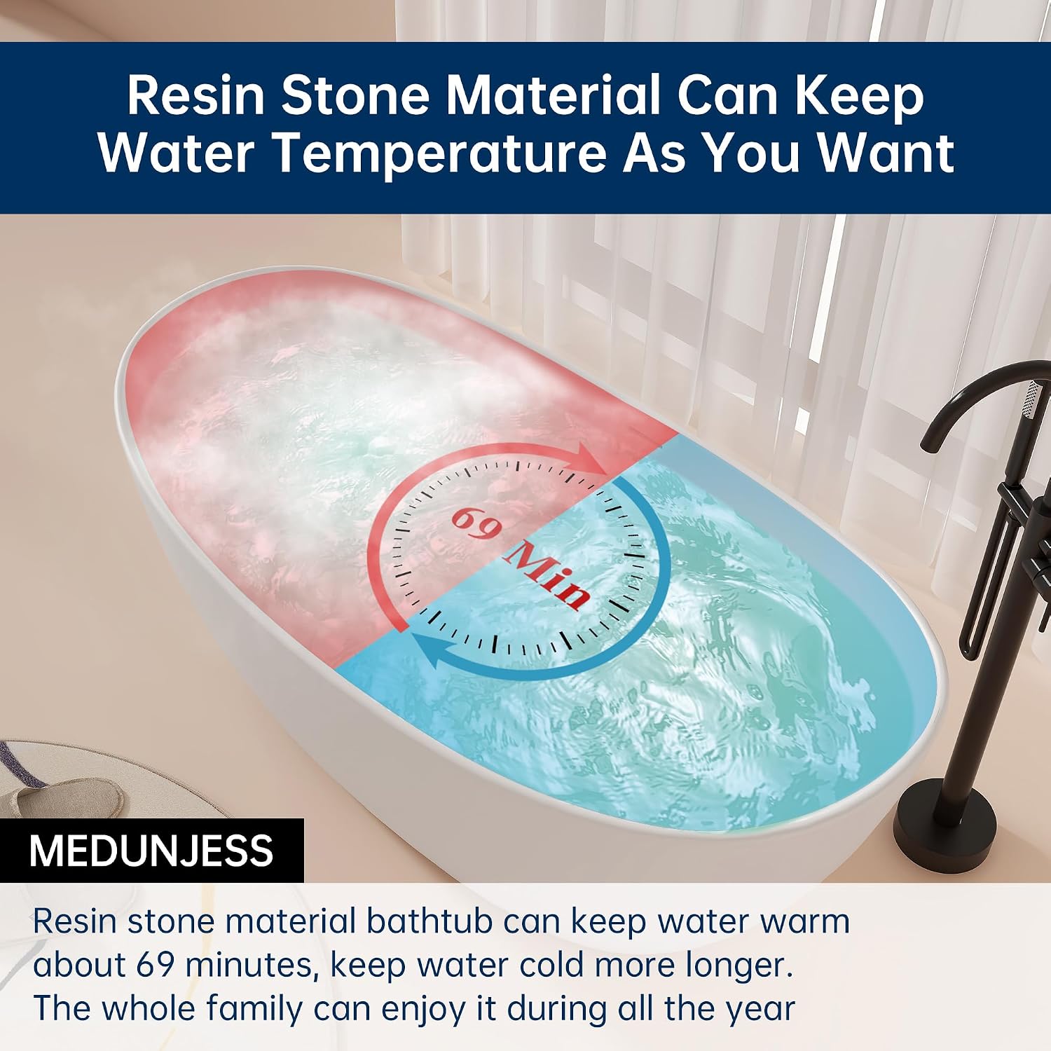 55'' High-back Stone Resin Freestanding Bathtub, Solid Surface Free Standing Tub, Contemporary Soaking Tub, Stand Alone Tub with Pop-up Drain and Overflow, Matte White (Oval)