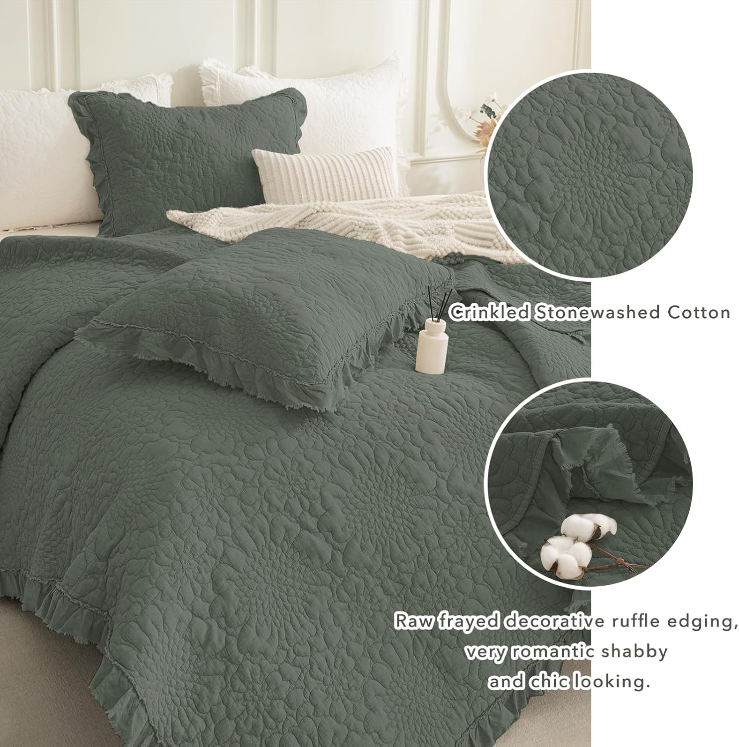 QSH Dark Green Oversized King Quilt Bedspread Set(128'x120'),3PCs Stonewashed Cotton Farmhouse Ruffled Bedspread California King,Shabby Soft Lightweight Crinkled Quilt Coverlet Bed with Pillow Shams