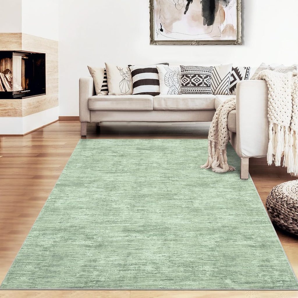 RUGSREAL Living Room Area Rug 9x12 Machine Washable Rug Non-Slip Stain Resistant Modern Abstract Carpet Contemporary Accent Throw Floor Carpet for Dining Room Solid Area Rug for Home Office, Green