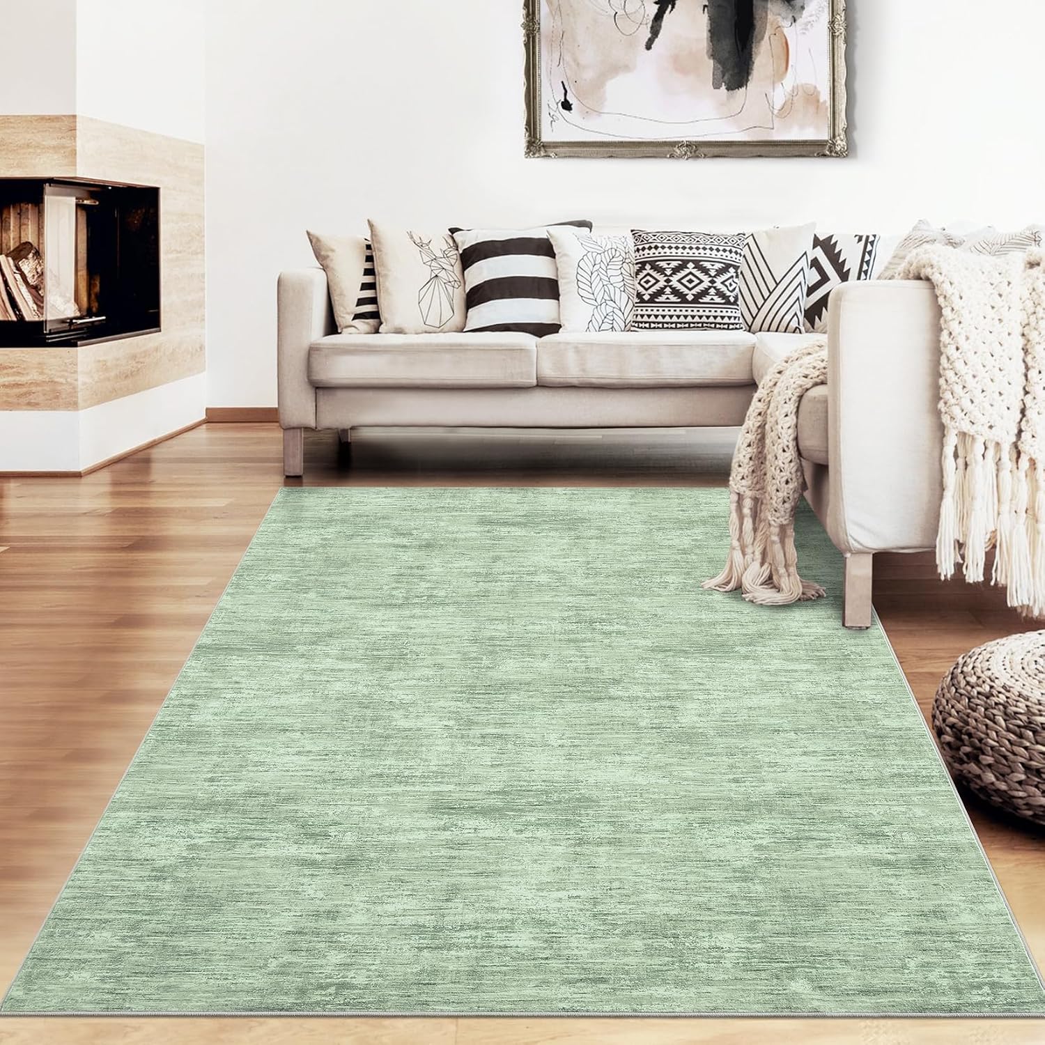 RUGSREAL Living Room Area Rug 9x12 Machine Washable Rug Non-Slip Stain Resistant Modern Abstract Carpet Contemporary Accent Throw Floor Carpet for Dining Room Solid Area Rug for Home Office, Green