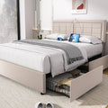VECELO Full Size Bed Frame with 4 Storage Drawers & Adjustable Headboard, Built-in Charging Station, Upholstered Bedframe with Wood Slats Support, Beige