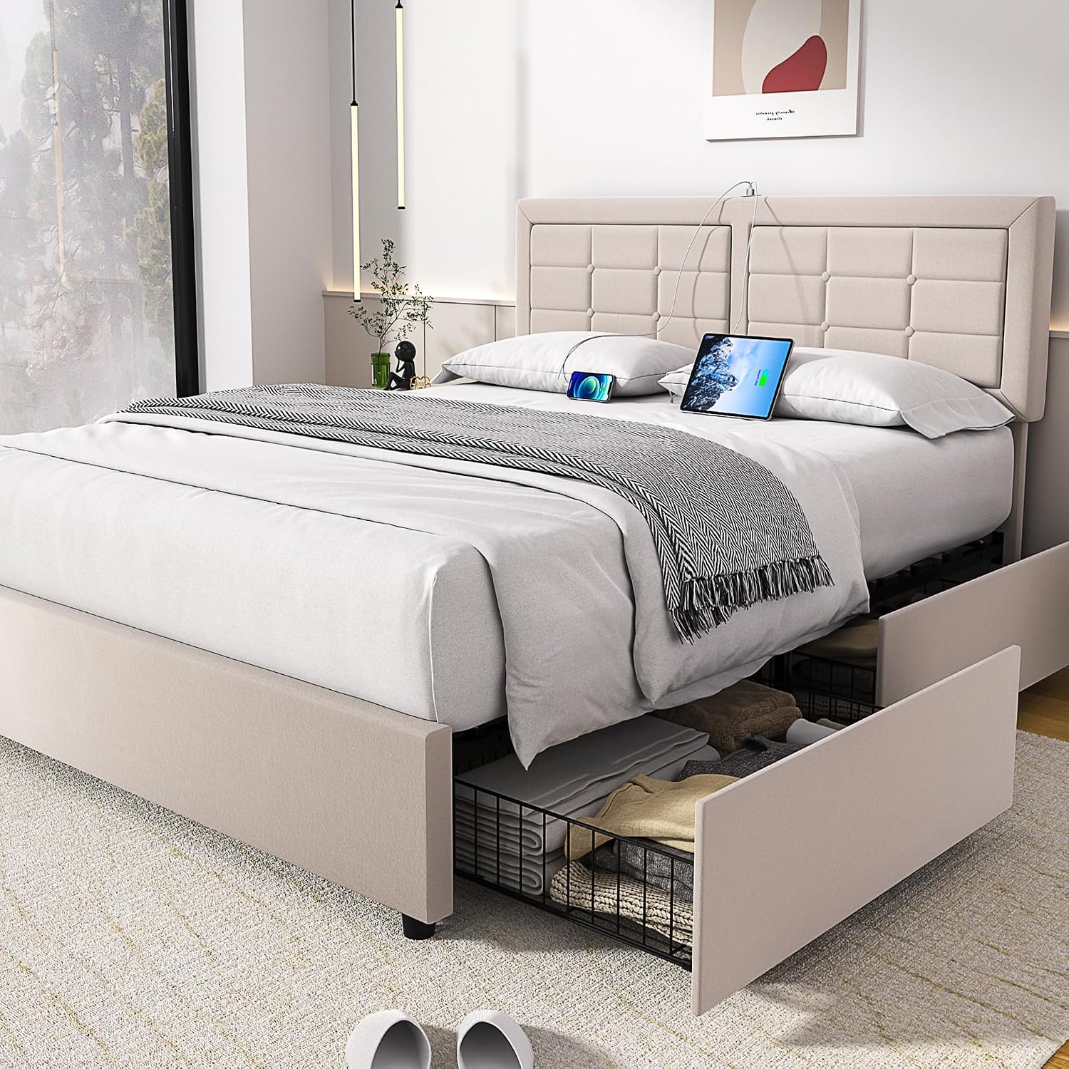 VECELO Full Size Bed Frame with 4 Storage Drawers & Adjustable Headboard, Built-in Charging Station, Upholstered Bedframe with Wood Slats Support, Beige