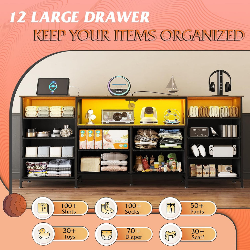 WLIVE 12 Drawer Dresser for Bedroom, Dresser TV Stand for 65, 70, 75 inch TV with Led Lights & Charging Station, Wide Chest of Drawers with Open Shelves, Fabric Dressers for Living Room, Rustic Brown
