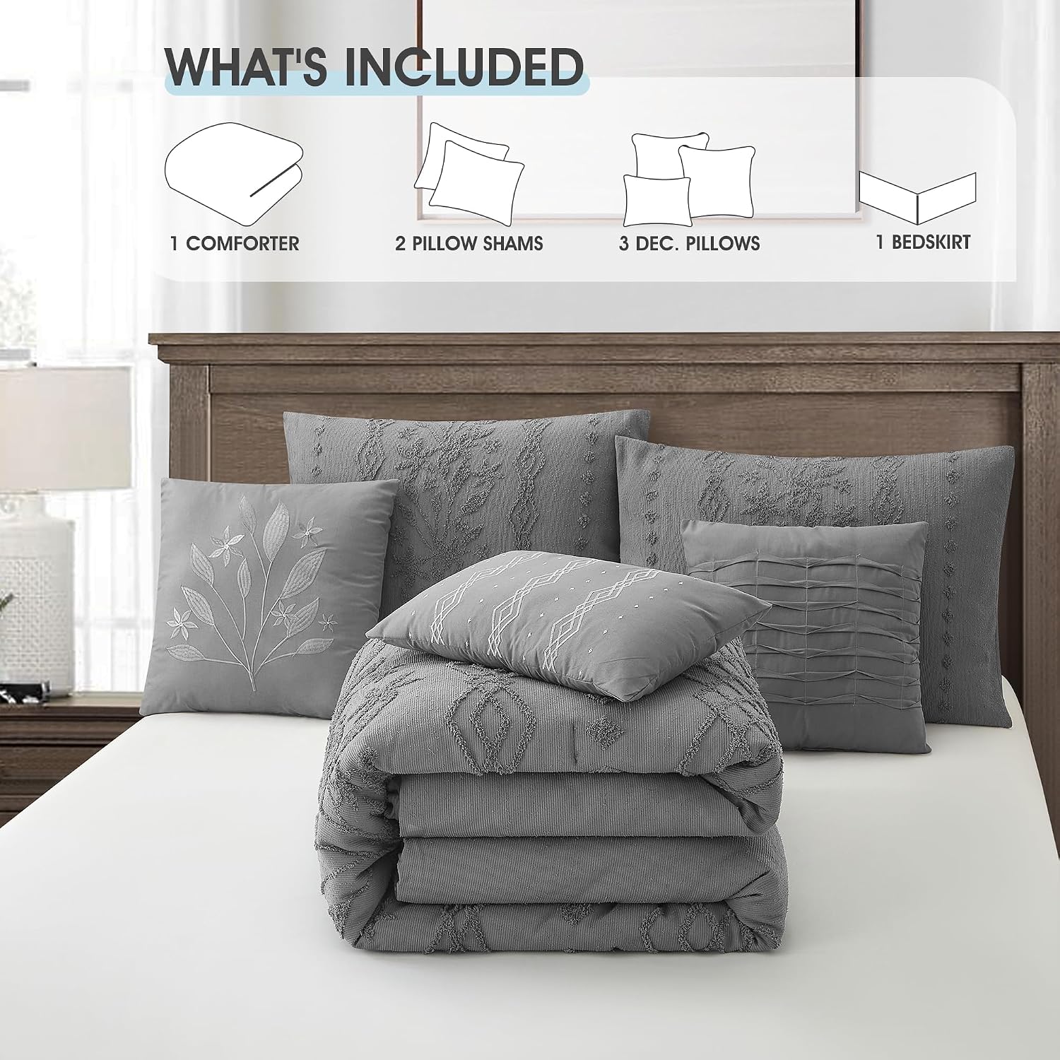 LANCO MODERN LIFESTYLE Grey Comforter Set, Queen Size, 7 Pieces Jacquard Boho Bedding Set for All Seasons, Ultra Soft and Fluffy, Matching Pilllow Shams, Bedskirt and Decor Pillows