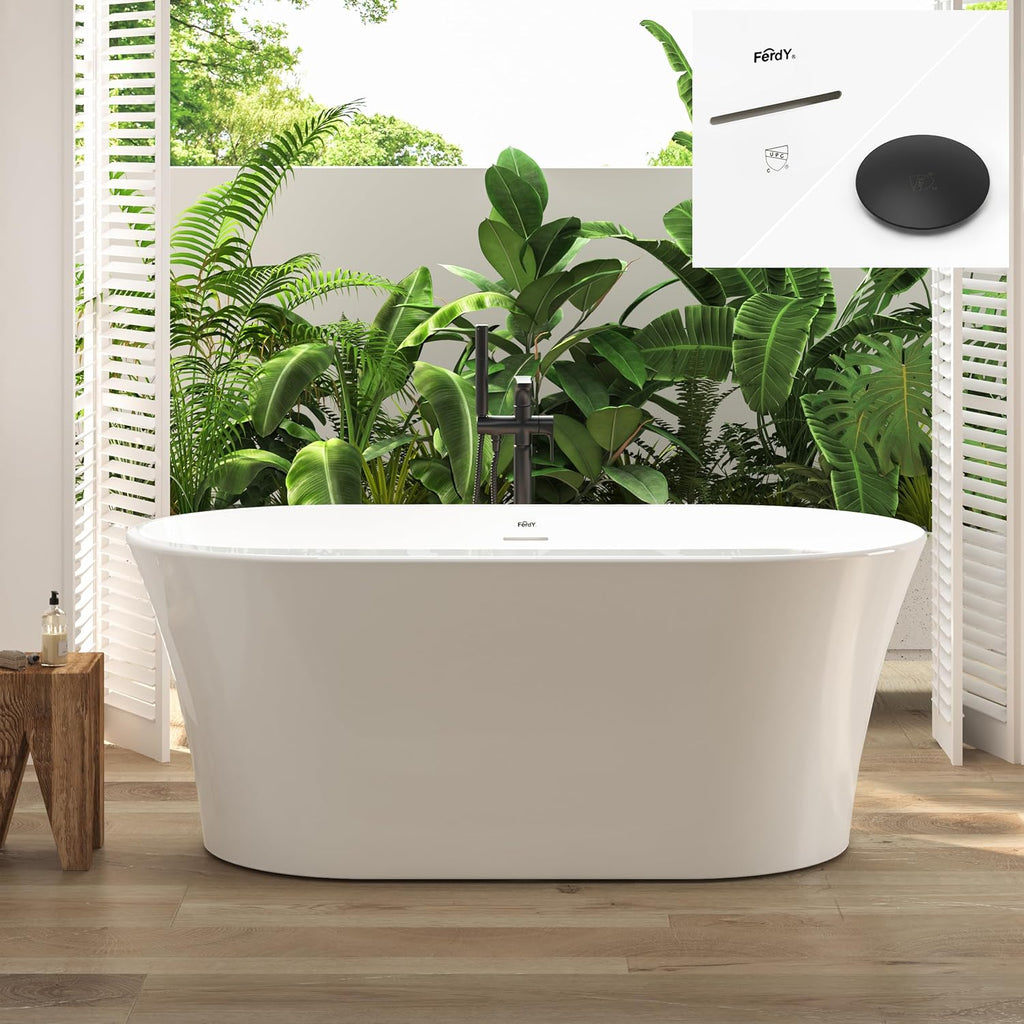 FerdY Mauritius 59' Acrylic Freestanding Tub, Oval Contemporary Soaker Tub, Extra Deep Bathtub, Matte Black Drain and Minimalist Linear Design Overflow, Modern White Bathtub, cUPC Certified