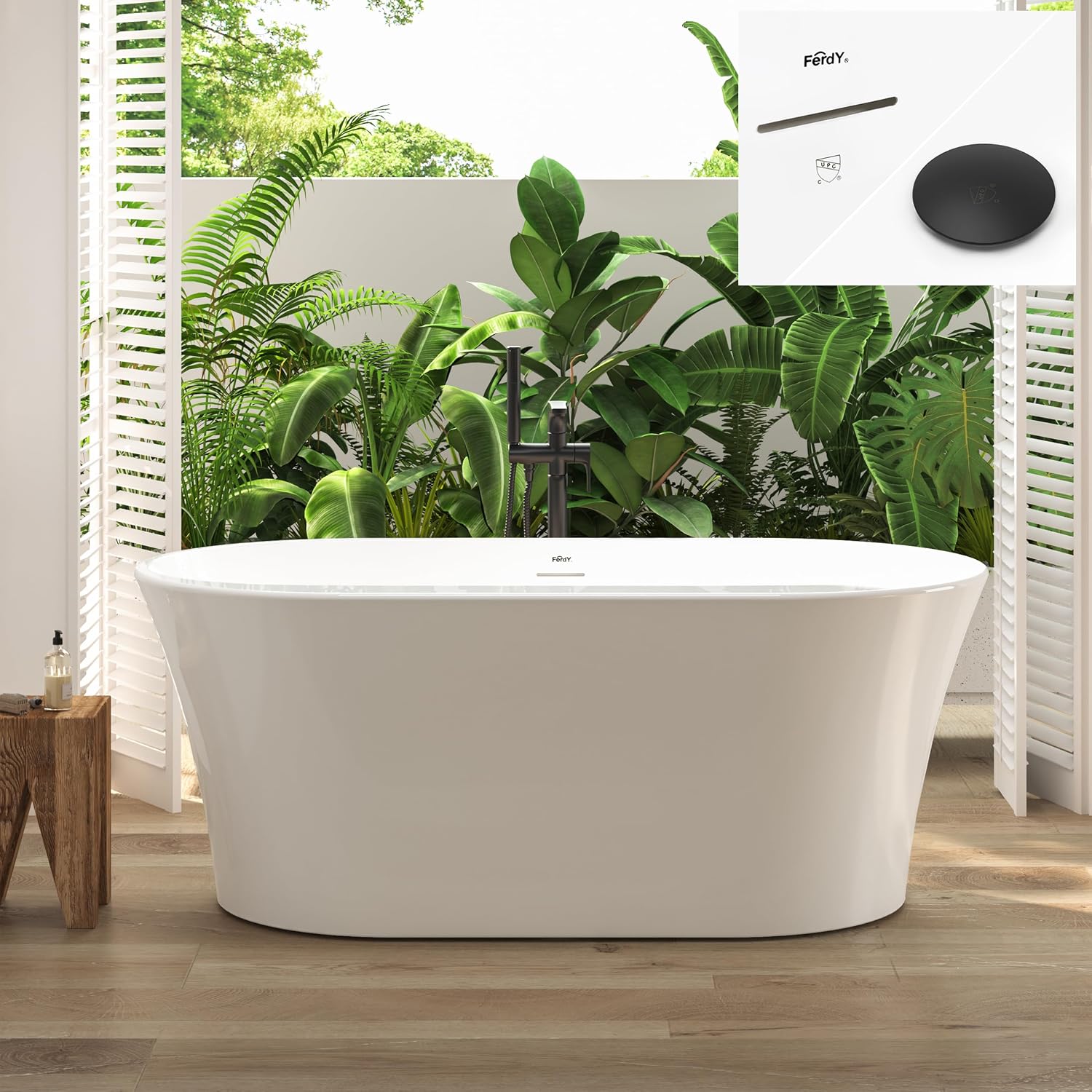 FerdY Mauritius 59' Acrylic Freestanding Tub, Oval Contemporary Soaker Tub, Extra Deep Bathtub, Matte Black Drain and Minimalist Linear Design Overflow, Modern White Bathtub, cUPC Certified