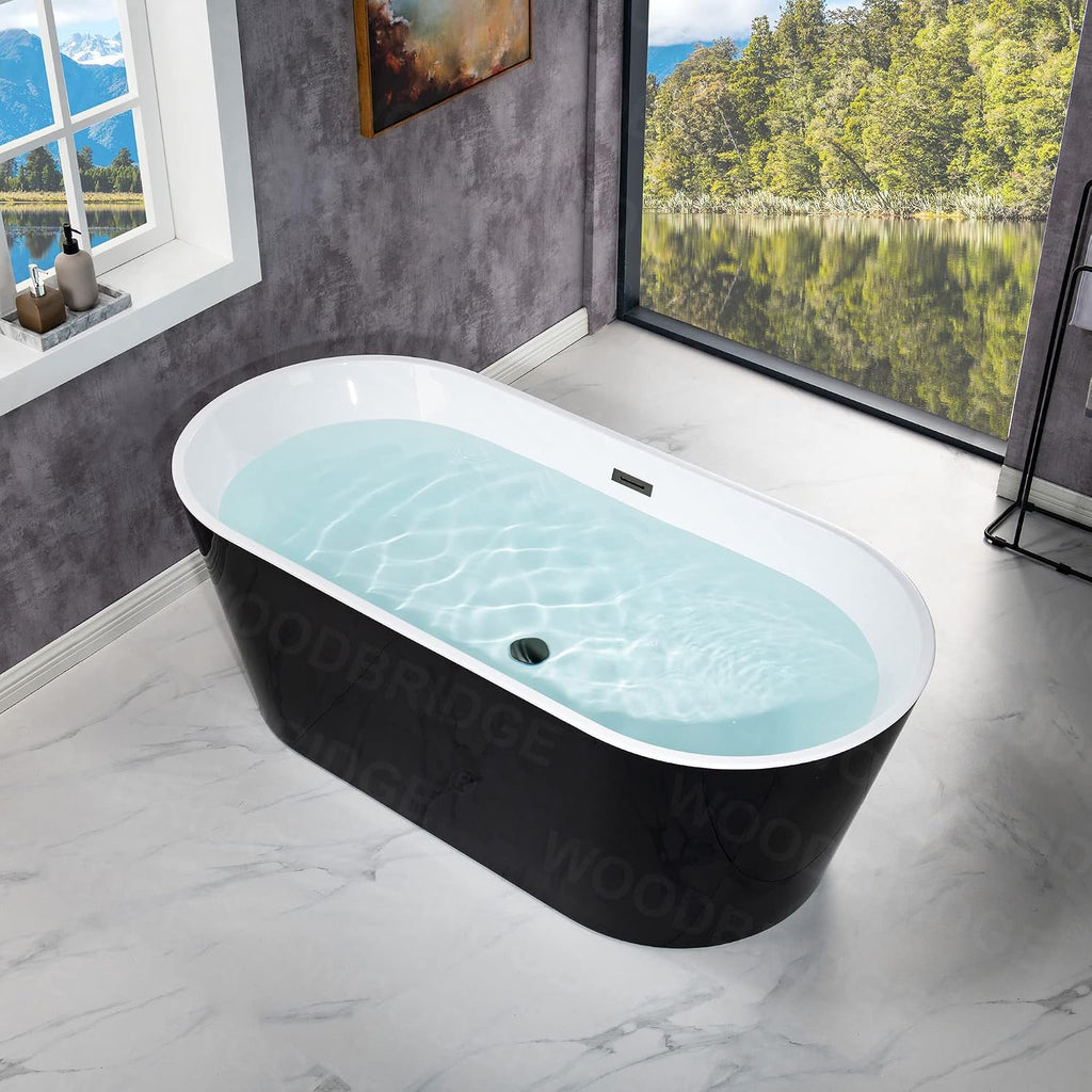 WOODBRIDGE 67' Acrylic Freestanding Bathtub Contemporary Soaking Black Tub with Matte Black Overflow and Drain,Black,B1813MB