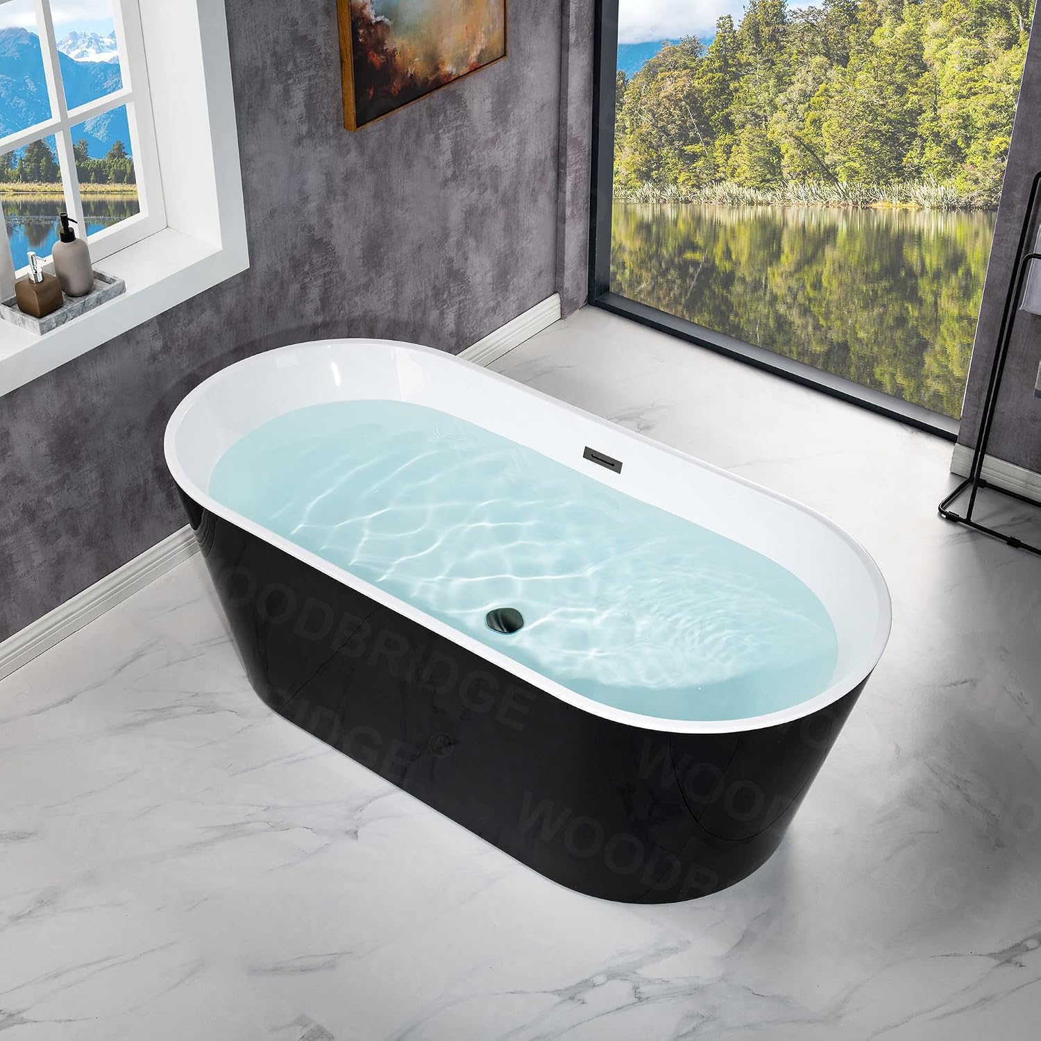 WOODBRIDGE 67' Acrylic Freestanding Bathtub Contemporary Soaking Black Tub with Matte Black Overflow and Drain,Black,B1813MB