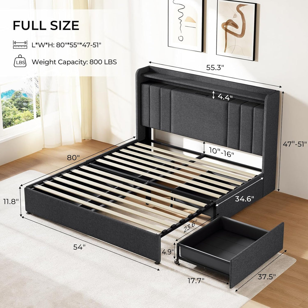 koorlian Full Size Upholstered Bed Frame with 2-Tier Storage Headboard and 4 Dustproof Drawers, 51'' Tall LED Platform Bed Frames with Adjustable Headboard, USB/Type-C Charging and Side Storage, Grey