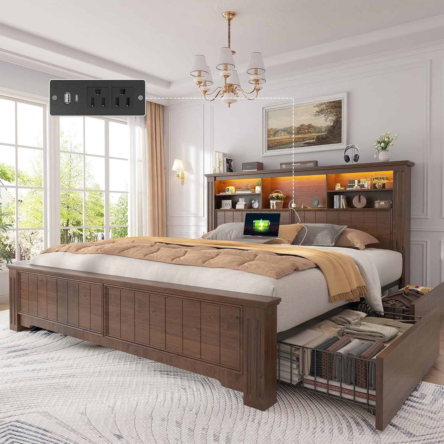 EnHomee Queen Bed Frame with 4 Storage Drawers, Bed Frame Queen Size with Headboard,Sturdy Queen Bed with LED Lights & Charging Ports,Wooden,No Box Spring Needed,Noise-Free,Brown