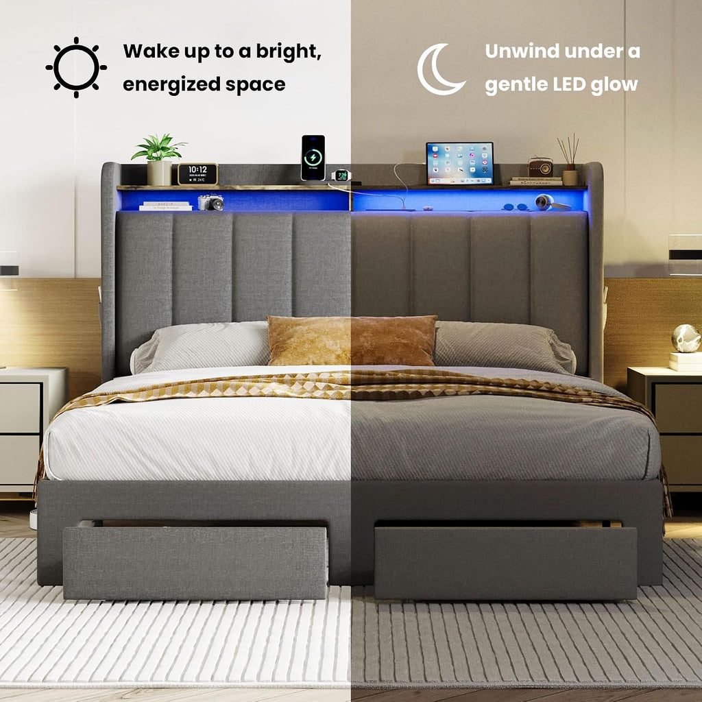 SHA CERLIN Queen Platform Bed Frame with Vertical Channel Tufted Wingback Headboard & 2 Storage Drawers/2-Tier Shelves with LED Lights & Charging Station/Noise-Free/No Box Spring Needed/Dark Grey
