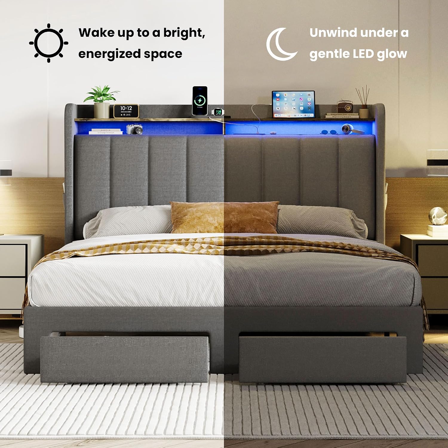 SHA CERLIN Queen Platform Bed Frame with Vertical Channel Tufted Wingback Headboard & 2 Storage Drawers/2-Tier Shelves with LED Lights & Charging Station/Noise-Free/No Box Spring Needed/Dark Grey