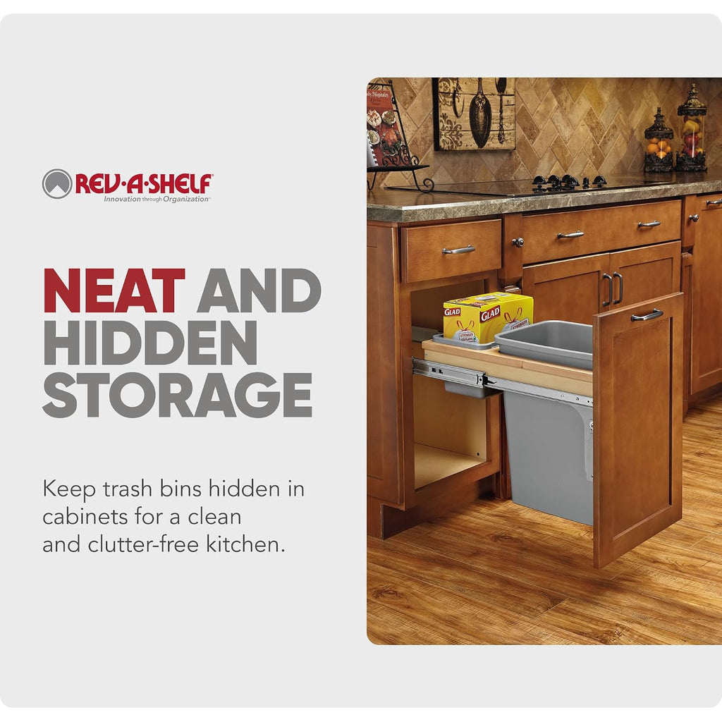 Rev-A-Shelf 35 Qt Top Mount Single Pullout Under Cabinet Kitchen Trash Cans w/Soft-Close for Base Cabinets,150 Pound Rated Full-Extension Slides, Min Opening Width of 12', Silver, 4WCTM-12BBSCDM1