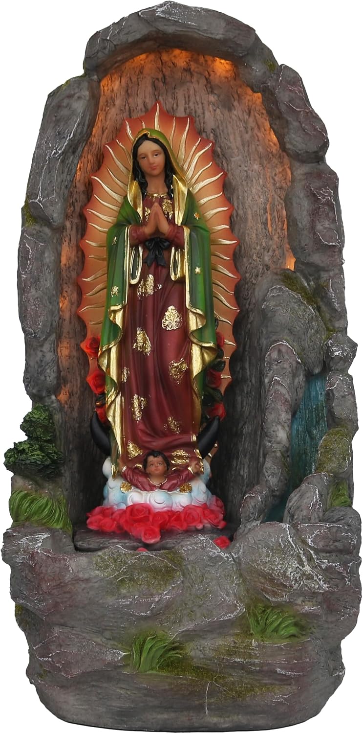 Our Lady of Guadalupe Religious Stone-Look Finish Tabletop Water Pump Fountain 17' with Led, Indoor, Virgen De Guadalupe Fuente con Bomba de Agua