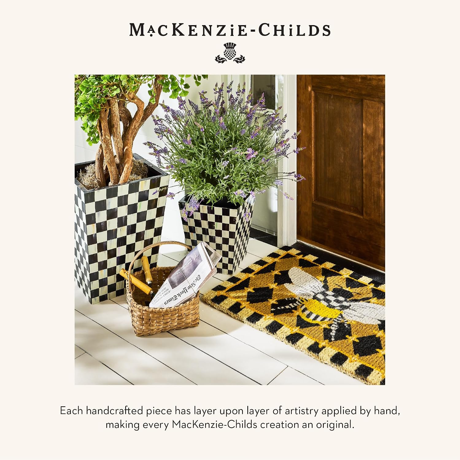 MACKENZIE-CHILDS Entrance Mat, Decorative Outdoor Coir Doormat, Honeycomb with Bees, Black, 24' x 36'