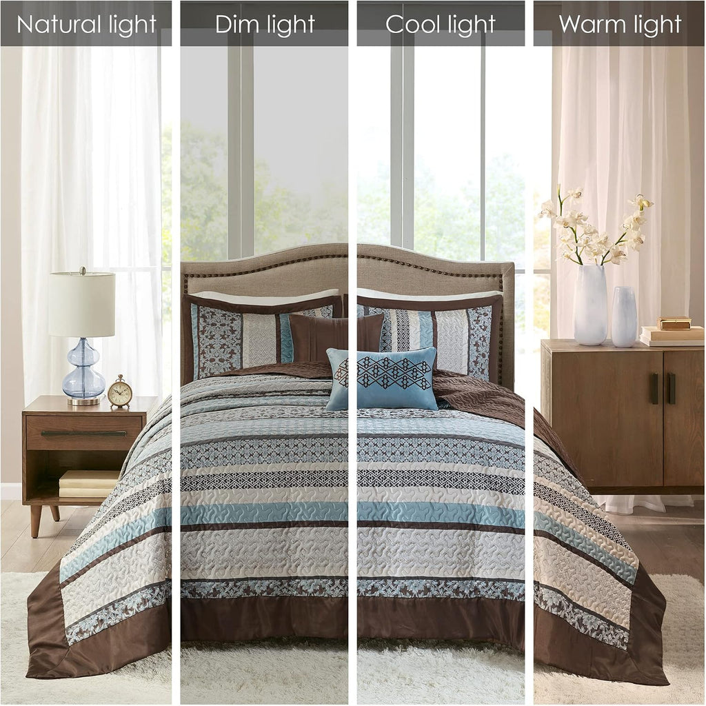 Madison Park Princeton Reversible Quilted Bedspread Set, Solid Reverse Summer Breathable, Lightweight All Season Bedding Layer, Matching Shams, Bedspread King(120'x118'), Blue 5 Piece