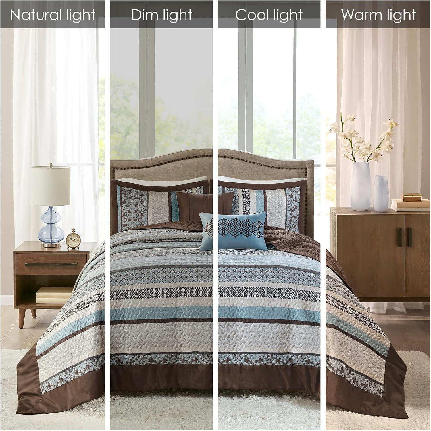 Madison Park Princeton Reversible Quilted Bedspread Set, Solid Reverse Summer Breathable, Lightweight All Season Bedding Layer, Matching Shams, Bedspread King(120'x118'), Blue 5 Piece