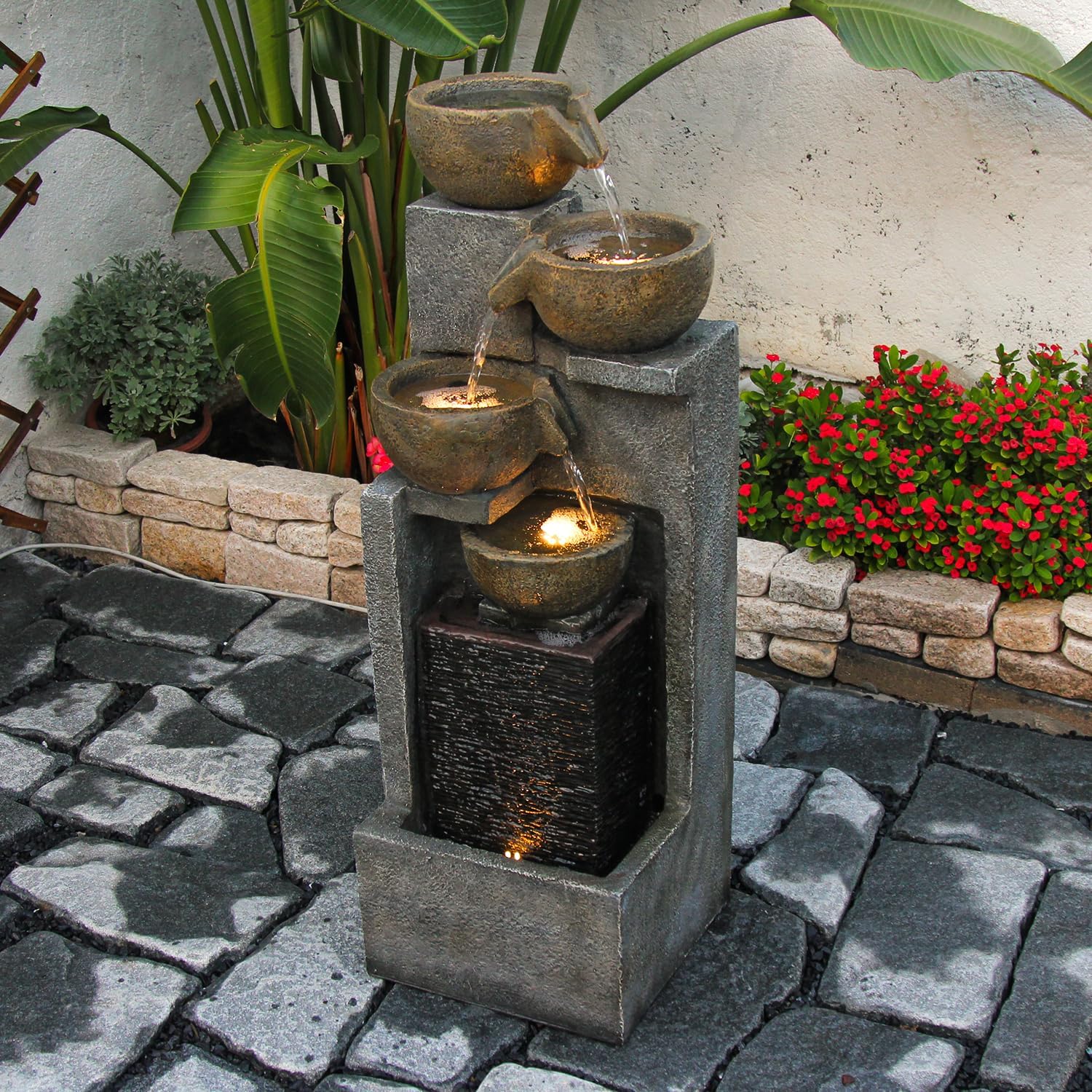 YZM 5-Tier Water Fountain Outdoor Garden Waterfall Fountains Indoor Bowl Cascading Water Feature with Led Lights for Home Deck Patio Porch Yard Decor 37.4' H