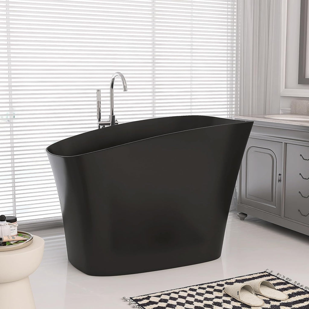SJ STAR&JANE 51' Solid Surface Japanese Soaking Bathtub Stone Resin Freestanding Tub Deep Soaking Bathtub Sit-In Design with Overflow and Drain in Matte Black