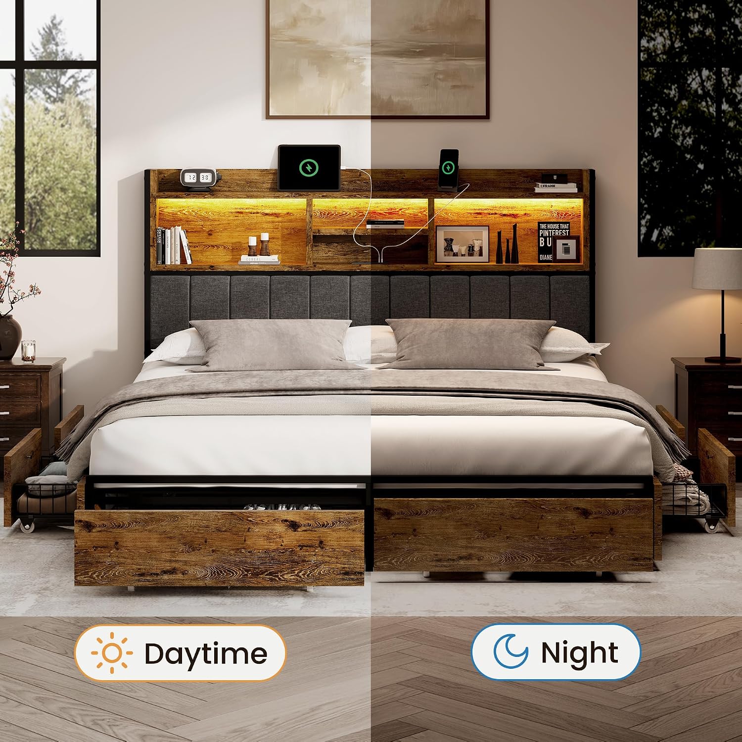BRELTAM King Bed Frame with 6 Storage Drawers, Linen Upholstered Headboard, Built-in USB Charging Station & LED Lighting, Silent Metal Support, No Box Spring Needed, Vintage Brown