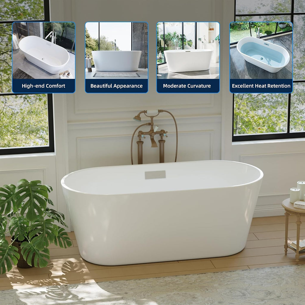Acrylic Freestanding Bathtub, Deep Soaking Tub with Non-Slip Base, CUPC Certified Free Standing Tub, Chrome Drain Bath Tub, Modern Tub for Bathrooms, White, 59Inch