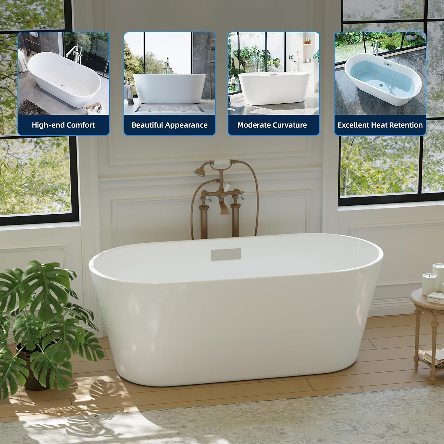 Acrylic Freestanding Bathtub, Deep Soaking Tub with Non-Slip Base, CUPC Certified Free Standing Tub, Chrome Drain Bath Tub, Modern Tub for Bathrooms, White, 59Inch
