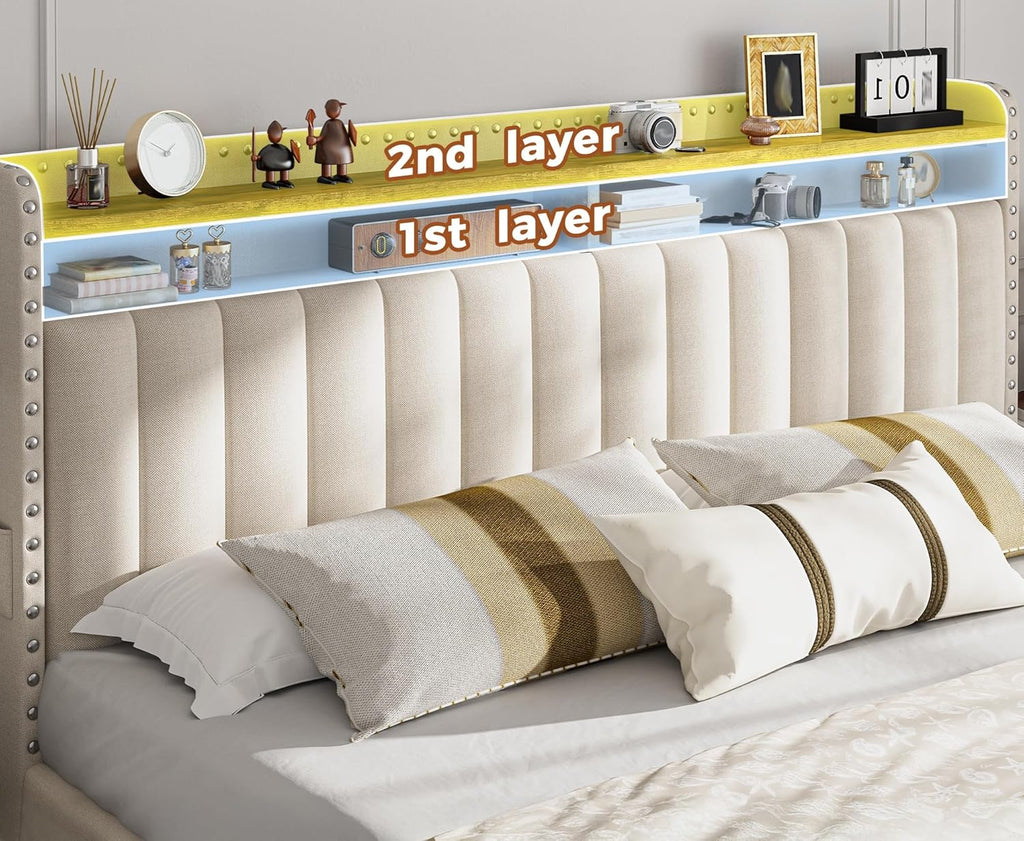 EnHomee Queen Bed Frame with 3 Storage Drawers & Upholstered Queen Size Bed Frame with 2-Tier Storage Headboard, Wooden Slats Support, No Box Spring Needed, Beige