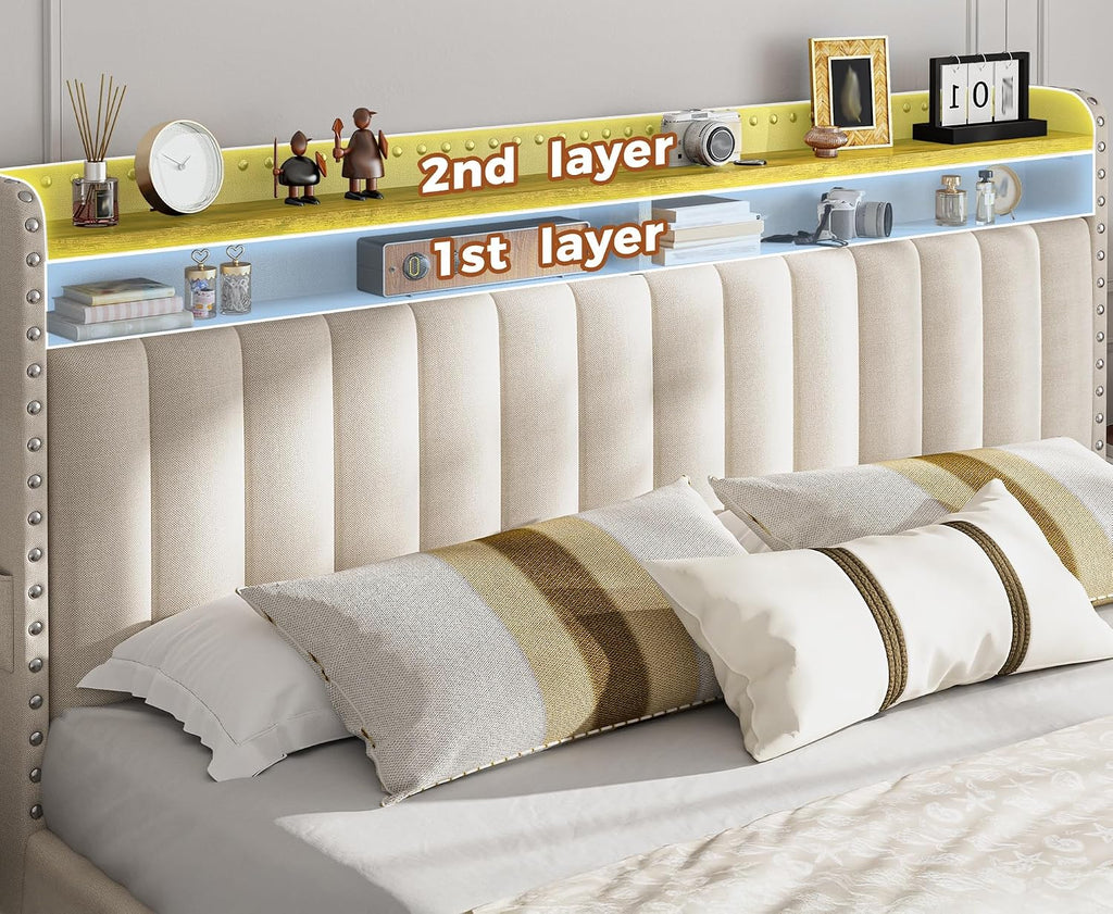 EnHomee King Size Bed Frame with 4 Storage Drawers, 2-Tier Vertical Tufted Storage Headboard, Platform King Bed Frame with Wooden Slats Support, No Box Spring Needed, Beige