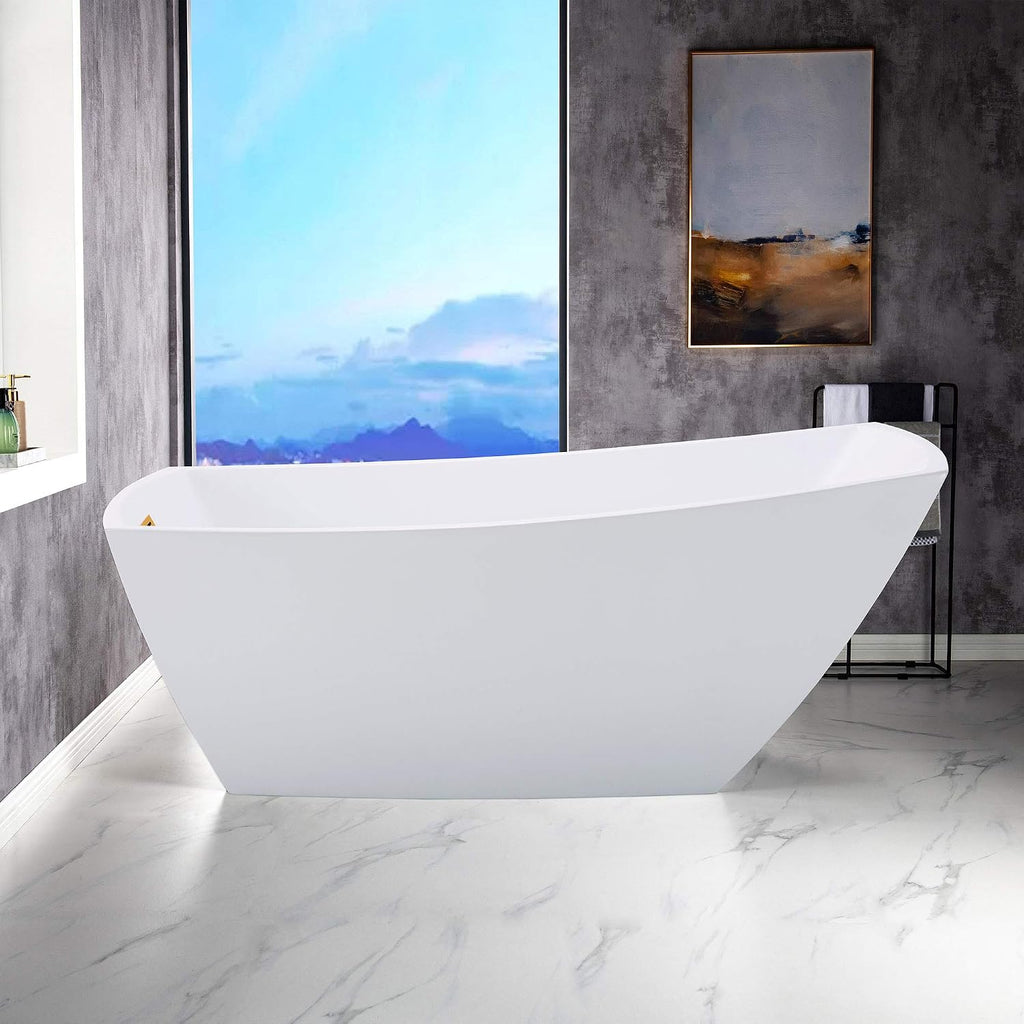 WOODBRIDGE 67' Acrylic Freestanding Bathtub Contemporary Soaking Tub with Brushed Gold Overflow and Drain,White