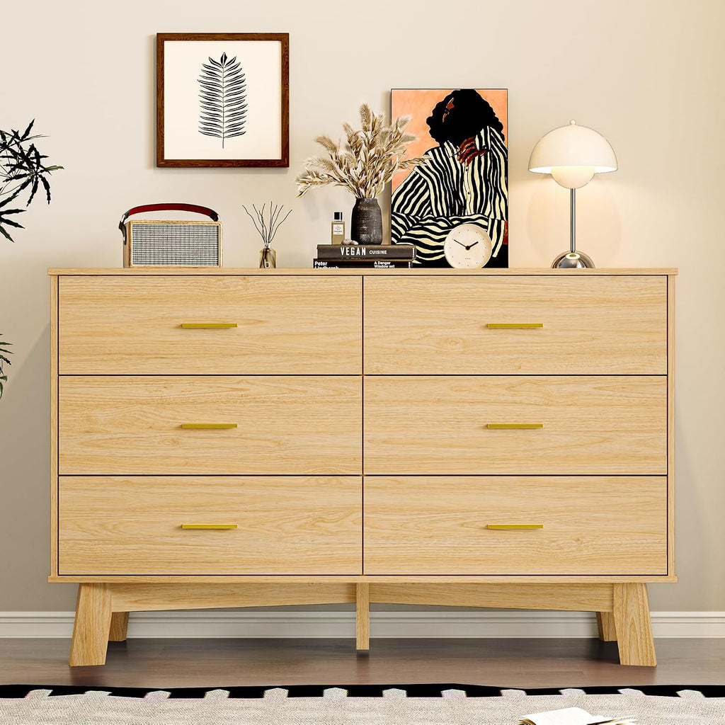 BORNOON Dresser for Bedroom with 6-Drawer, 47.2' Modern Chest of Drawers with Metal Handles, X-Shape Base & Adjustable Center Leg, Anti-Tip Closet Organizers and Storage