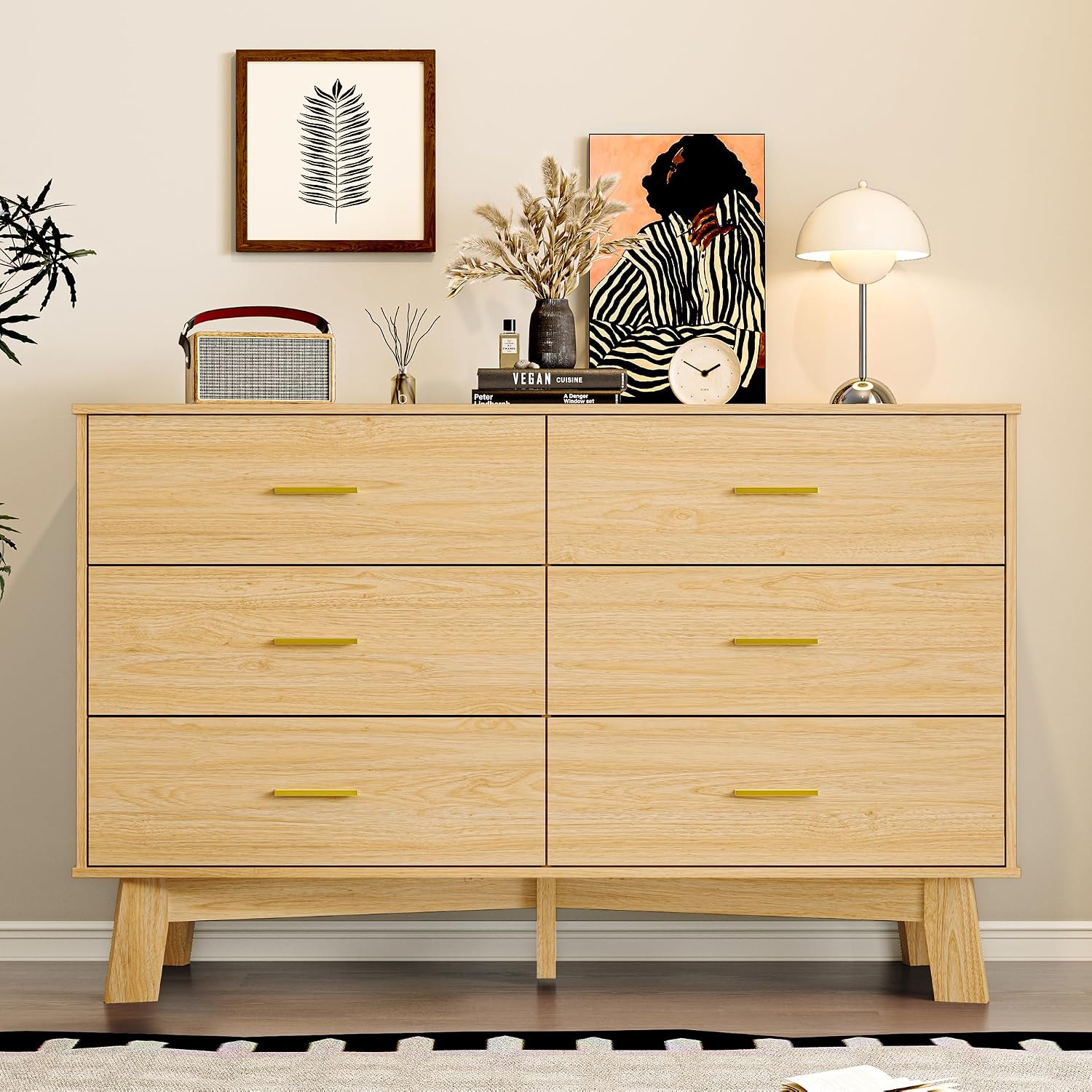 BORNOON Dresser for Bedroom with 6-Drawer, 47.2' Modern Chest of Drawers with Metal Handles, X-Shape Base & Adjustable Center Leg, Anti-Tip Closet Organizers and Storage