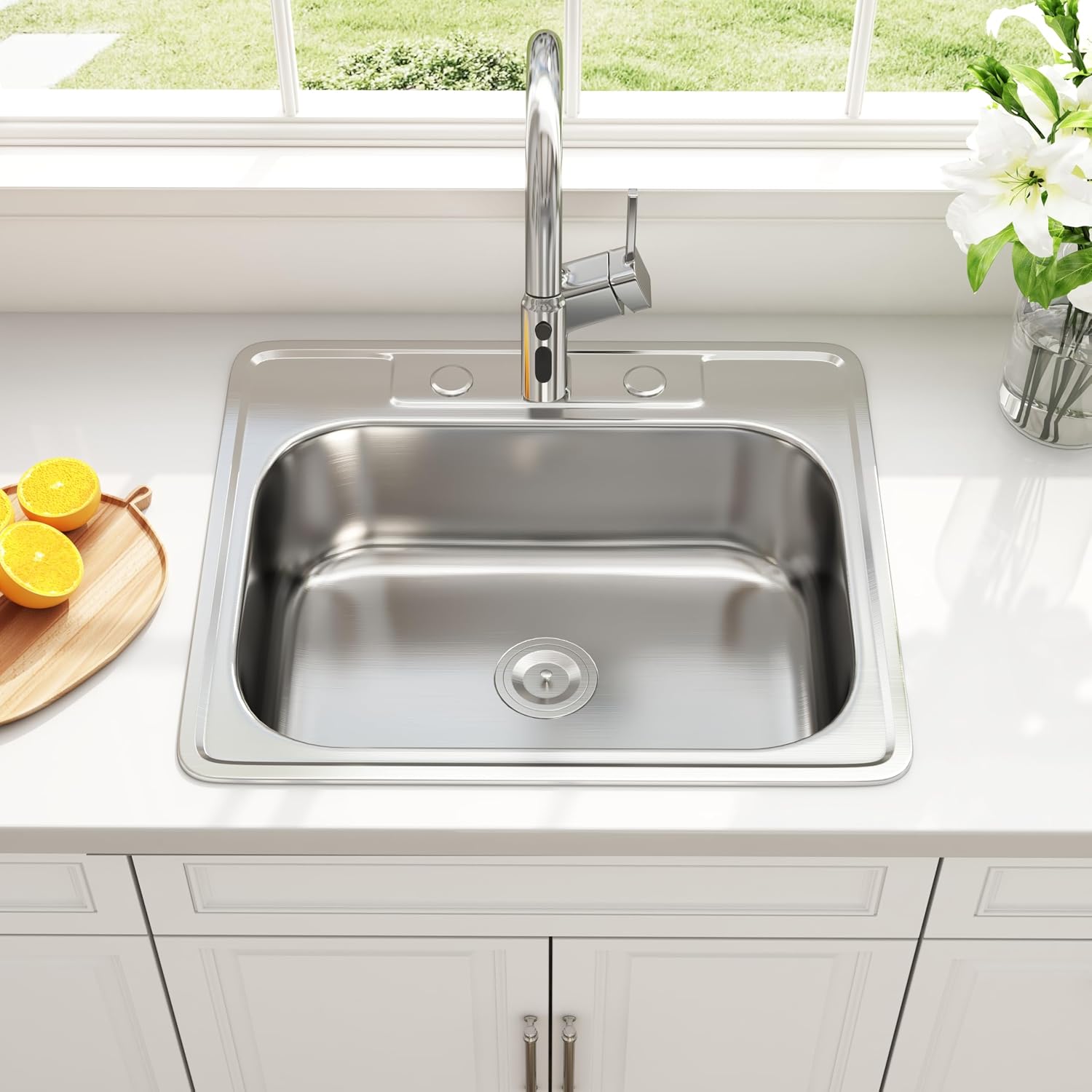 25x22 Drop In Kitchen Sink, 25 Inch Topmount 18 Gauge Stainless Steel Single Bowl Sinks, Three Holes with Strainer 25' x 22' x 8'