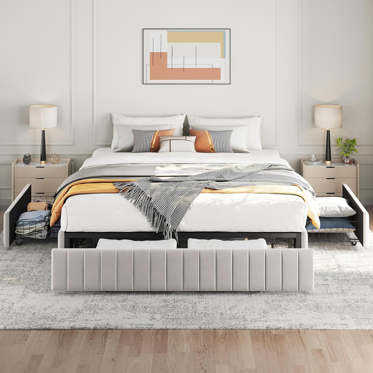 Yaheetech Queen Bed Frame Upholstered Platform Bed with 3 Storage Drawers, Large Storage Space/Strong Wooden Slats/Non-Slip and Noise-Free/No Fixed Headboard/No Box Spring Needed/Beige Queen Bed
