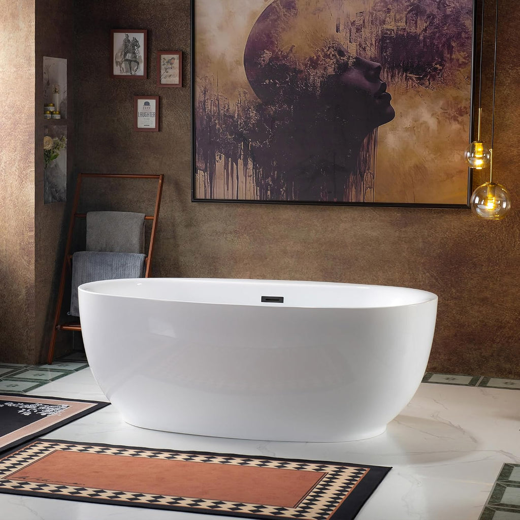 WOODBRIDGE 66' Acrylic Freestanding Bathtub Contemporary Soaking White Tub with Matte Black Overflow and Drain，B0027-MB