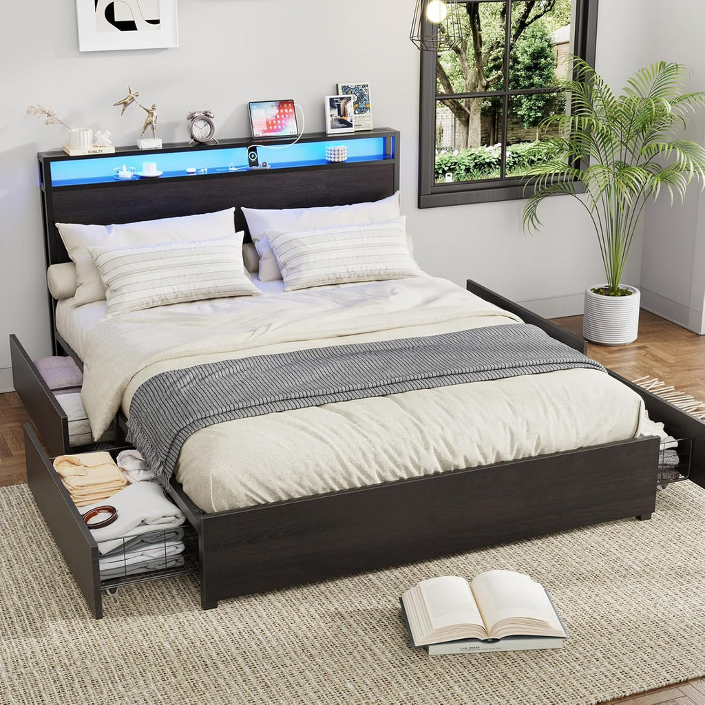 Kiivakii Queen Size Bed Frame with Headboard, LED Platform Bed with 4 Storage Drawers, Built in Charging Station, Noise-Free, Metal Support Base, No Box Spring Needed, Black