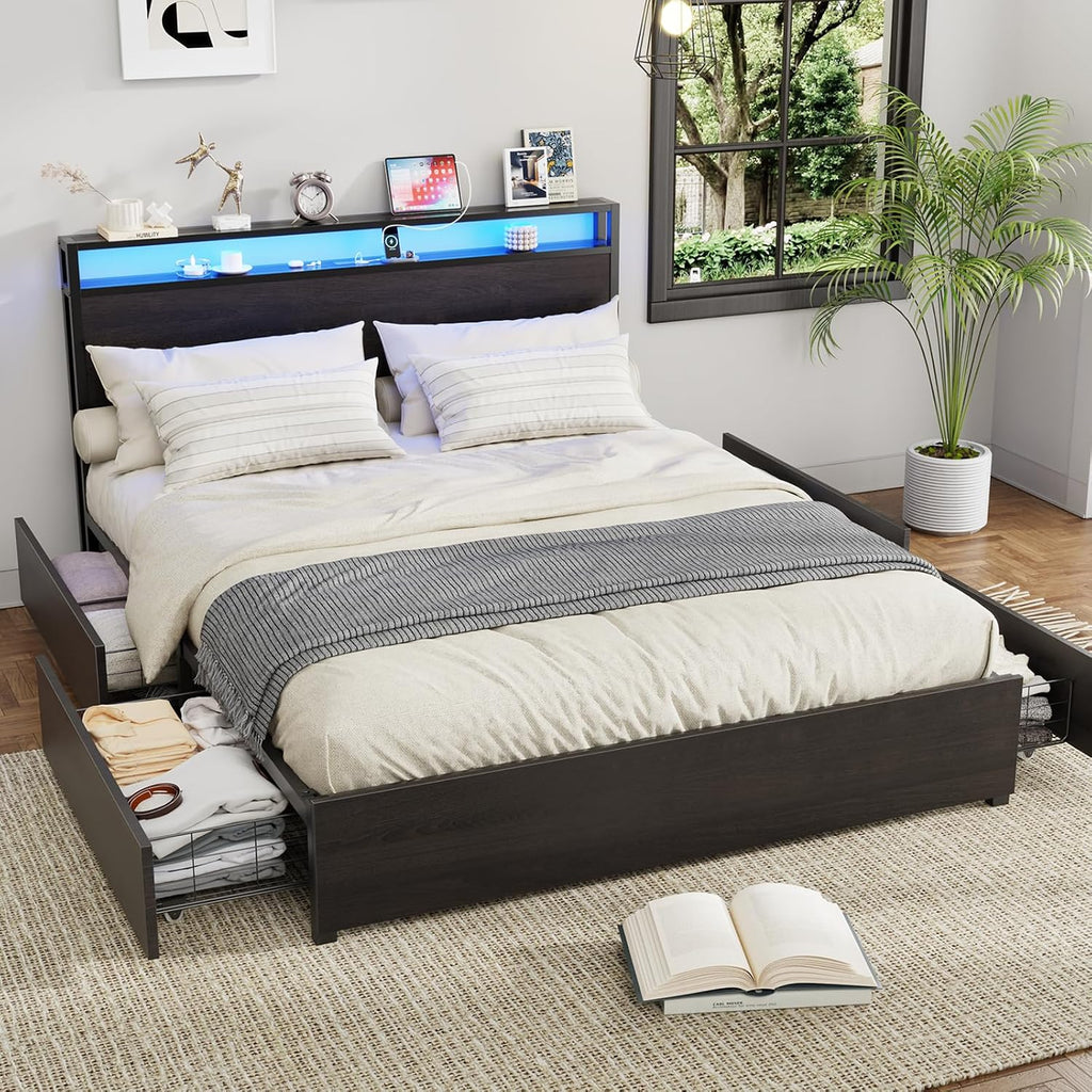 Kiivakii Queen Size Bed Frame with 4 Storage Drawers, LED Platform Bed with Headboard, Built in Charging Station, Noise Free, Metal Support Base, No Box Spring Needed, Black