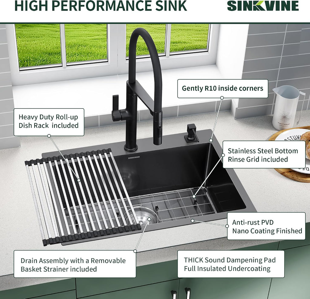 Drop-In Deep Laundry Sink 25 x 22 inch Black, SINKVINE Single Bowl Nano Stainless Steel Kitchen Sink for Outdoor and Indoor Top Mount, with Drain Strainer, Bottom Grid, Roll-up Drying Unit, Dark Gray