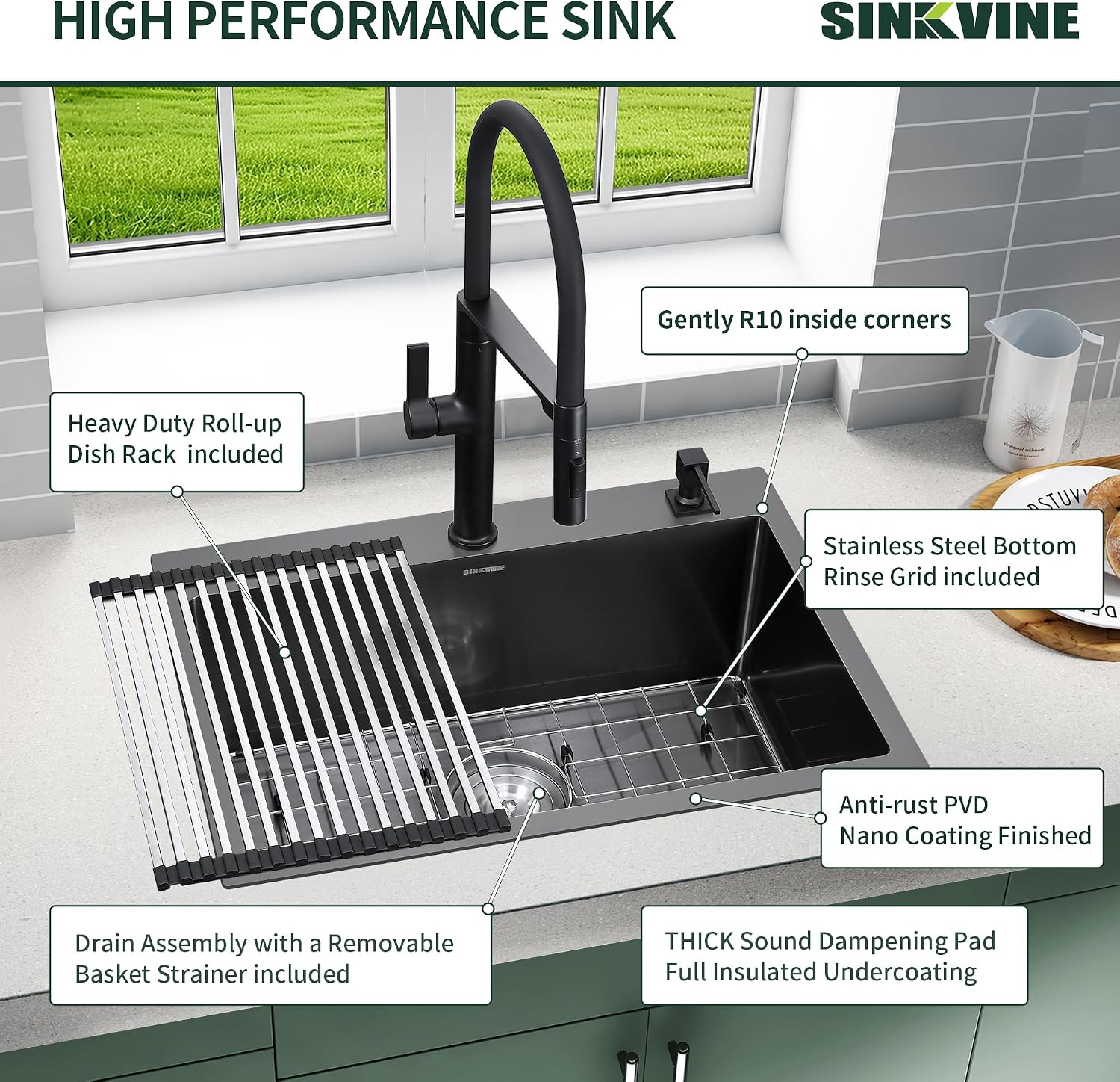 Drop-In Deep Laundry Sink 25 x 22 inch Black, SINKVINE Single Bowl Nano Stainless Steel Kitchen Sink for Outdoor and Indoor Top Mount, with Drain Strainer, Bottom Grid, Roll-up Drying Unit, Dark Gray