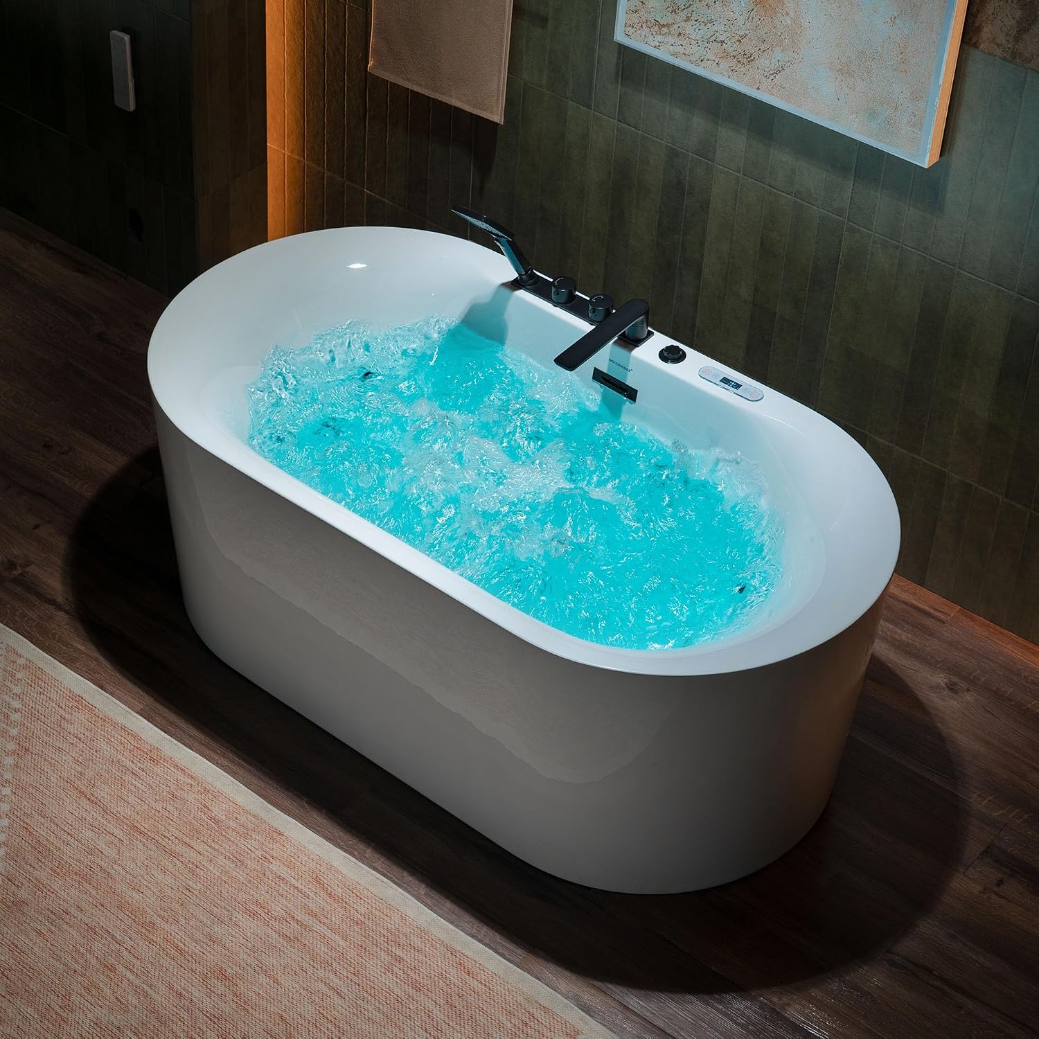 WOODBRIDGE 59' x 31-1/2' Whirlpool and Air Bath Heated Soaking Combination Tub with Adjustable Speed Air Blower, Tub Filler, and LED control panel, Matte Black Finish Trim and Drain Kit, BM100+F0051MB