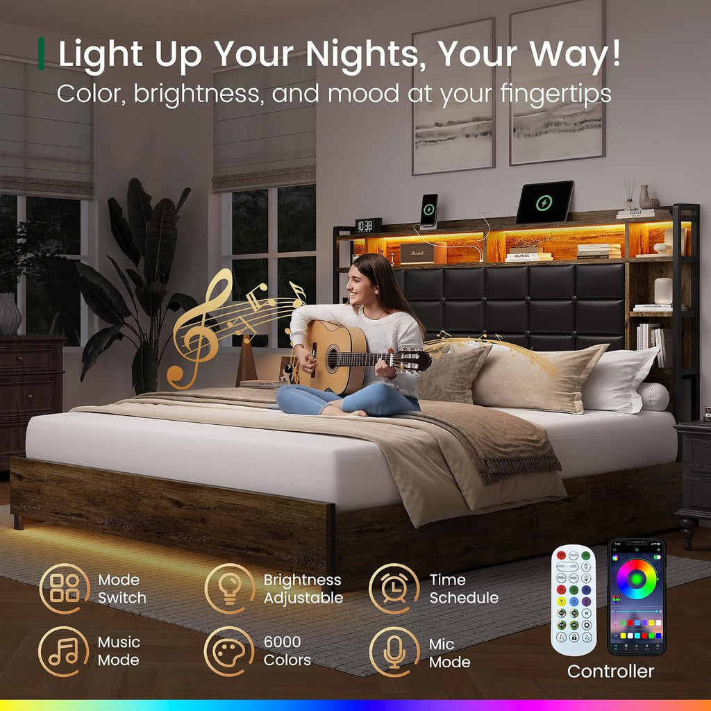 LARMACE Queen Size Bed Frame with 4 Storage Drawers and Bookcase Headboard, Faux Leather Upholstered, Wooden Platform Bed Frame with Charging Station and LED Lights, No Box Spring Needed, Brown