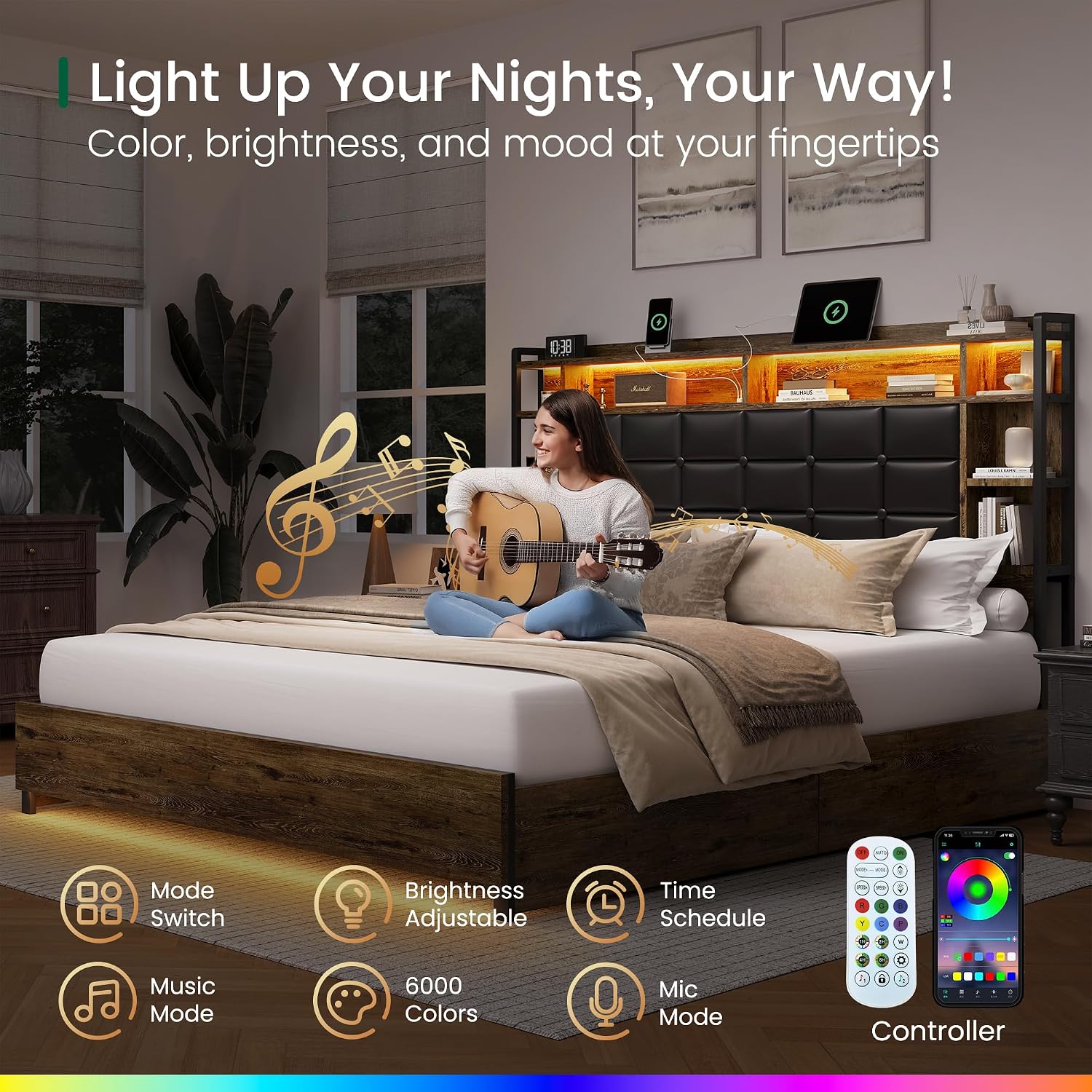 LARMACE Queen Size Bed Frame with 4 Storage Drawers and Bookcase Headboard, Faux Leather Upholstered, Wooden Platform Bed Frame with Charging Station and LED Lights, No Box Spring Needed, Brown