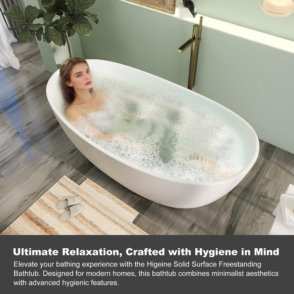 55' Premium Solid Surface Freestanding Bathtubs, Contemporary Design Stand Alone Stone Resin Tub with Overflow and Pop-up Drain, Matte White