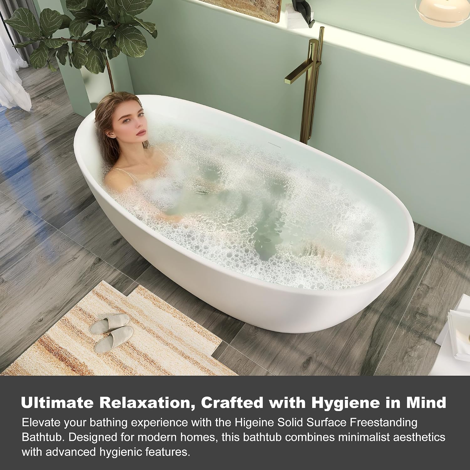 55' Premium Solid Surface Freestanding Bathtubs, Contemporary Design Stand Alone Stone Resin Tub with Overflow and Pop-up Drain, Matte White