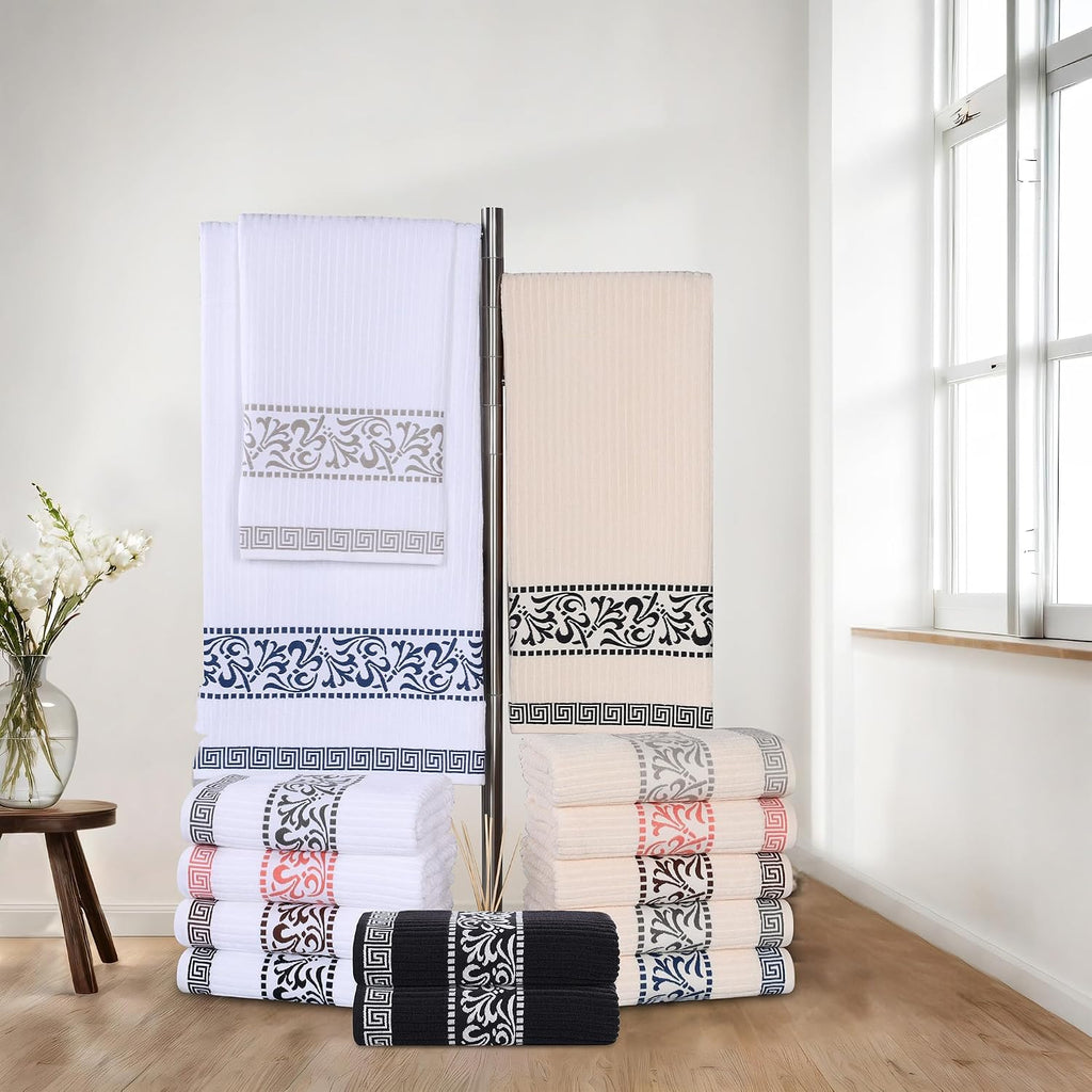 Superior 6-Piece Cotton Towel Set, Decorative Greek Pattern, Home Essentials, Absorbent Towels, Bathroom Decor, Spa, Resort, Includes 2 Hand, 2 Face and 2 Bath Towels, Athens Collection, Black-Chrome