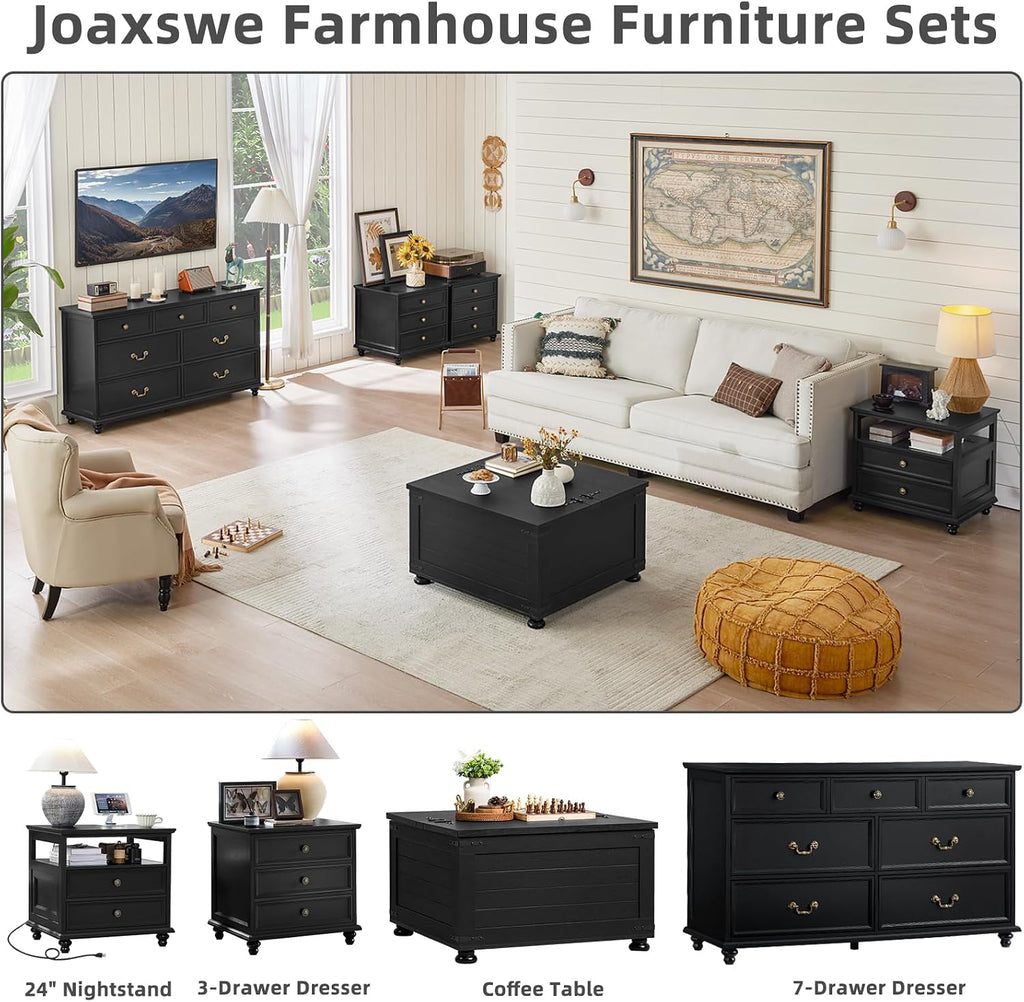 Joaxswe Farmhouse Dresser and Nightstand Sets 3 Piece, Nightstands Set of 2 and 7 Drawers for Bedroom, 54' Wide Dresser and 24' Inch Night Stand Set for Bedroom, Living Room, Hallway