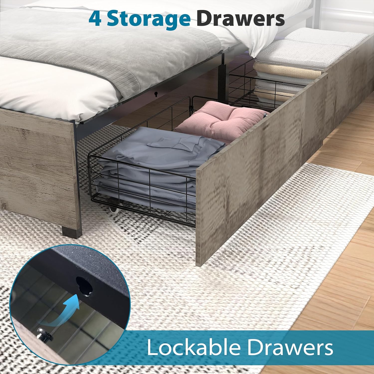 Kiivakii Twin Size Bed Frame with 4 Drawers, LED Platform Bed with Storage Headboard, Built in Charging Station, Noise-Free, Metal Support Base, No Box Spring Needed, Gray