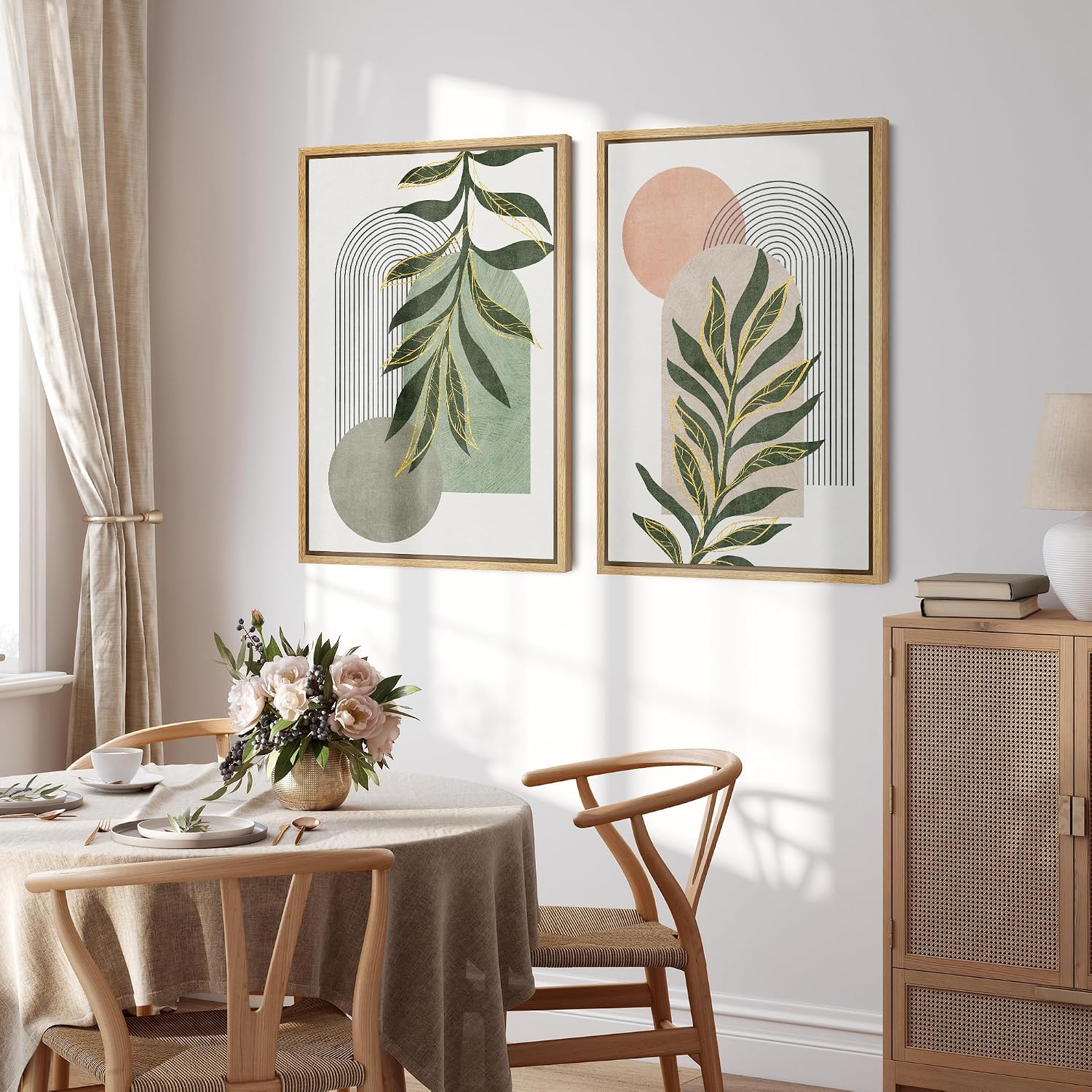 SIGNFORD Framed Canvas Print Wall Art Set Jungle Palm Leaf Geometric Polygons Abstract Shapes Illustration Modern Art Decorative Nordic Nature for Living Room, Bedroom, Office - 24'x36'x2 Natural